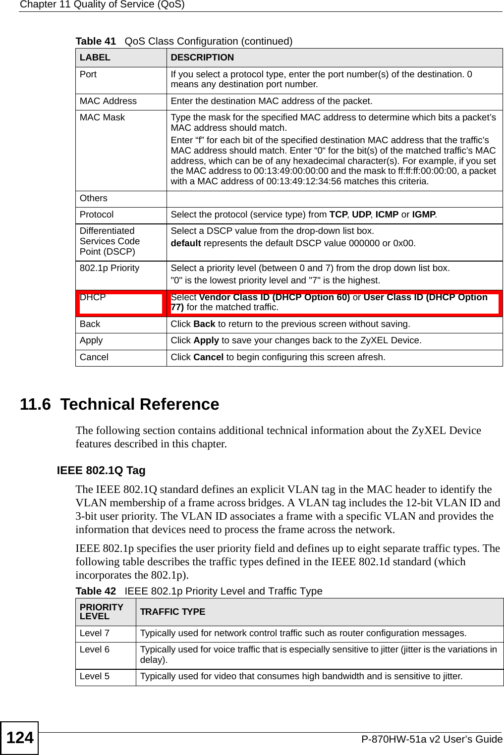 Chapter 11 Quality of Service (QoS)P-870HW-51a v2 User’s Guide12411.6  Technical ReferenceThe following section contains additional technical information about the ZyXEL Device features described in this chapter.IEEE 802.1Q TagThe IEEE 802.1Q standard defines an explicit VLAN tag in the MAC header to identify the VLAN membership of a frame across bridges. A VLAN tag includes the 12-bit VLAN ID and 3-bit user priority. The VLAN ID associates a frame with a specific VLAN and provides the information that devices need to process the frame across the network. IEEE 802.1p specifies the user priority field and defines up to eight separate traffic types. The following table describes the traffic types defined in the IEEE 802.1d standard (which incorporates the 802.1p).  Port  If you select a protocol type, enter the port number(s) of the destination. 0 means any destination port number.MAC Address Enter the destination MAC address of the packet.MAC Mask Type the mask for the specified MAC address to determine which bits a packet’s MAC address should match. Enter “f” for each bit of the specified destination MAC address that the traffic’s MAC address should match. Enter “0“ for the bit(s) of the matched traffic’s MAC address, which can be of any hexadecimal character(s). For example, if you set the MAC address to 00:13:49:00:00:00 and the mask to ff:ff:ff:00:00:00, a packet with a MAC address of 00:13:49:12:34:56 matches this criteria.OthersProtocol Select the protocol (service type) from TCP, UDP, ICMP or IGMP.Differentiated Services Code Point (DSCP)Select a DSCP value from the drop-down list box. default represents the default DSCP value 000000 or 0x00.802.1p Priority  Select a priority level (between 0 and 7) from the drop down list box.&quot;0&quot; is the lowest priority level and &quot;7&quot; is the highest.DHCP Select Vendor Class ID (DHCP Option 60) or User Class ID (DHCP Option 77) for the matched traffic.Back Click Back to return to the previous screen without saving.Apply Click Apply to save your changes back to the ZyXEL Device.Cancel Click Cancel to begin configuring this screen afresh.Table 41   QoS Class Configuration (continued)LABEL DESCRIPTIONTable 42   IEEE 802.1p Priority Level and Traffic TypePRIORITY  LEVEL TRAFFIC TYPELevel 7 Typically used for network control traffic such as router configuration messages.Level 6 Typically used for voice traffic that is especially sensitive to jitter (jitter is the variations in delay).Level 5 Typically used for video that consumes high bandwidth and is sensitive to jitter.