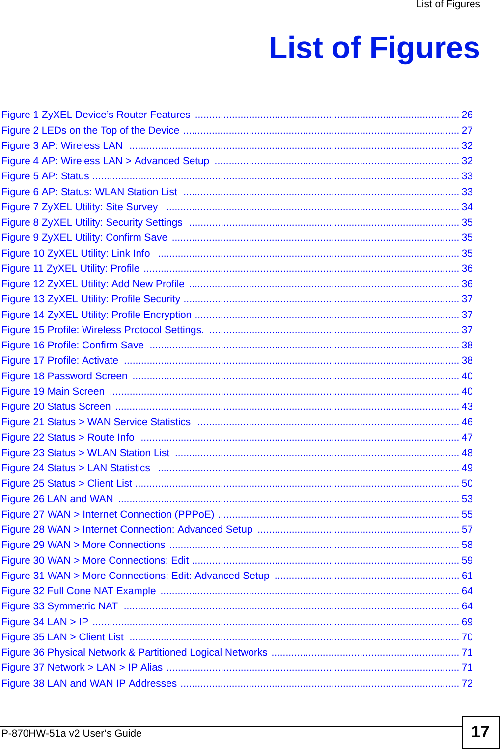  List of FiguresP-870HW-51a v2 User’s Guide 17List of FiguresFigure 1 ZyXEL Device’s Router Features ............................................................................................. 26Figure 2 LEDs on the Top of the Device ................................................................................................. 27Figure 3 AP: Wireless LAN  .................................................................................................................... 32Figure 4 AP: Wireless LAN &gt; Advanced Setup  ...................................................................................... 32Figure 5 AP: Status ................................................................................................................................. 33Figure 6 AP: Status: WLAN Station List  ................................................................................................. 33Figure 7 ZyXEL Utility: Site Survey   ....................................................................................................... 34Figure 8 ZyXEL Utility: Security Settings  ............................................................................................... 35Figure 9 ZyXEL Utility: Confirm Save  ..................................................................................................... 35Figure 10 ZyXEL Utility: Link Info   .......................................................................................................... 35Figure 11 ZyXEL Utility: Profile ............................................................................................................... 36Figure 12 ZyXEL Utility: Add New Profile  ............................................................................................... 36Figure 13 ZyXEL Utility: Profile Security ................................................................................................. 37Figure 14 ZyXEL Utility: Profile Encryption ............................................................................................. 37Figure 15 Profile: Wireless Protocol Settings.  ........................................................................................ 37Figure 16 Profile: Confirm Save ............................................................................................................. 38Figure 17 Profile: Activate  ...................................................................................................................... 38Figure 18 Password Screen  ................................................................................................................... 40Figure 19 Main Screen  ........................................................................................................................... 40Figure 20 Status Screen  ......................................................................................................................... 43Figure 21 Status &gt; WAN Service Statistics  ............................................................................................ 46Figure 22 Status &gt; Route Info  ................................................................................................................ 47Figure 23 Status &gt; WLAN Station List  .................................................................................................... 48Figure 24 Status &gt; LAN Statistics   .......................................................................................................... 49Figure 25 Status &gt; Client List .................................................................................................................. 50Figure 26 LAN and WAN  ........................................................................................................................ 53Figure 27 WAN &gt; Internet Connection (PPPoE) ..................................................................................... 55Figure 28 WAN &gt; Internet Connection: Advanced Setup ....................................................................... 57Figure 29 WAN &gt; More Connections ...................................................................................................... 58Figure 30 WAN &gt; More Connections: Edit .............................................................................................. 59Figure 31 WAN &gt; More Connections: Edit: Advanced Setup  ................................................................. 61Figure 32 Full Cone NAT Example  ......................................................................................................... 64Figure 33 Symmetric NAT  ...................................................................................................................... 64Figure 34 LAN &gt; IP ................................................................................................................................. 69Figure 35 LAN &gt; Client List  .................................................................................................................... 70Figure 36 Physical Network &amp; Partitioned Logical Networks .................................................................. 71Figure 37 Network &gt; LAN &gt; IP Alias ....................................................................................................... 71Figure 38 LAN and WAN IP Addresses .................................................................................................. 72