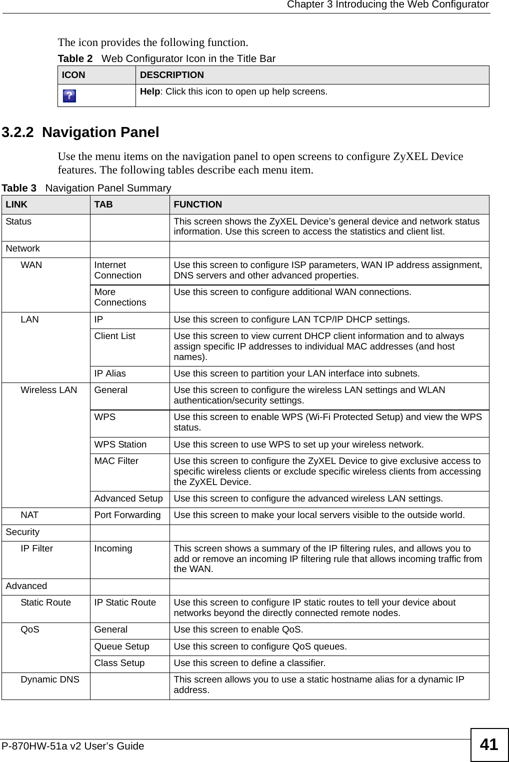  Chapter 3 Introducing the Web ConfiguratorP-870HW-51a v2 User’s Guide 41The icon provides the following function.3.2.2  Navigation PanelUse the menu items on the navigation panel to open screens to configure ZyXEL Device features. The following tables describe each menu item.Table 2   Web Configurator Icon in the Title BarICON  DESCRIPTIONHelp: Click this icon to open up help screens.Table 3   Navigation Panel SummaryLINK TAB FUNCTIONStatus This screen shows the ZyXEL Device’s general device and network status information. Use this screen to access the statistics and client list.NetworkWAN Internet Connection Use this screen to configure ISP parameters, WAN IP address assignment, DNS servers and other advanced properties.More Connections Use this screen to configure additional WAN connections.LAN IP Use this screen to configure LAN TCP/IP DHCP settings.Client List Use this screen to view current DHCP client information and to always assign specific IP addresses to individual MAC addresses (and host names).IP Alias Use this screen to partition your LAN interface into subnets.Wireless LAN General Use this screen to configure the wireless LAN settings and WLAN authentication/security settings. WPS Use this screen to enable WPS (Wi-Fi Protected Setup) and view the WPS status.WPS Station Use this screen to use WPS to set up your wireless network.MAC Filter Use this screen to configure the ZyXEL Device to give exclusive access to specific wireless clients or exclude specific wireless clients from accessing the ZyXEL Device.Advanced Setup Use this screen to configure the advanced wireless LAN settings.NAT Port Forwarding Use this screen to make your local servers visible to the outside world.SecurityIP Filter Incoming This screen shows a summary of the IP filtering rules, and allows you to add or remove an incoming IP filtering rule that allows incoming traffic from the WAN.AdvancedStatic Route IP Static Route Use this screen to configure IP static routes to tell your device about networks beyond the directly connected remote nodes.QoS General Use this screen to enable QoS.Queue Setup  Use this screen to configure QoS queues.Class Setup Use this screen to define a classifier.Dynamic DNS This screen allows you to use a static hostname alias for a dynamic IP address.