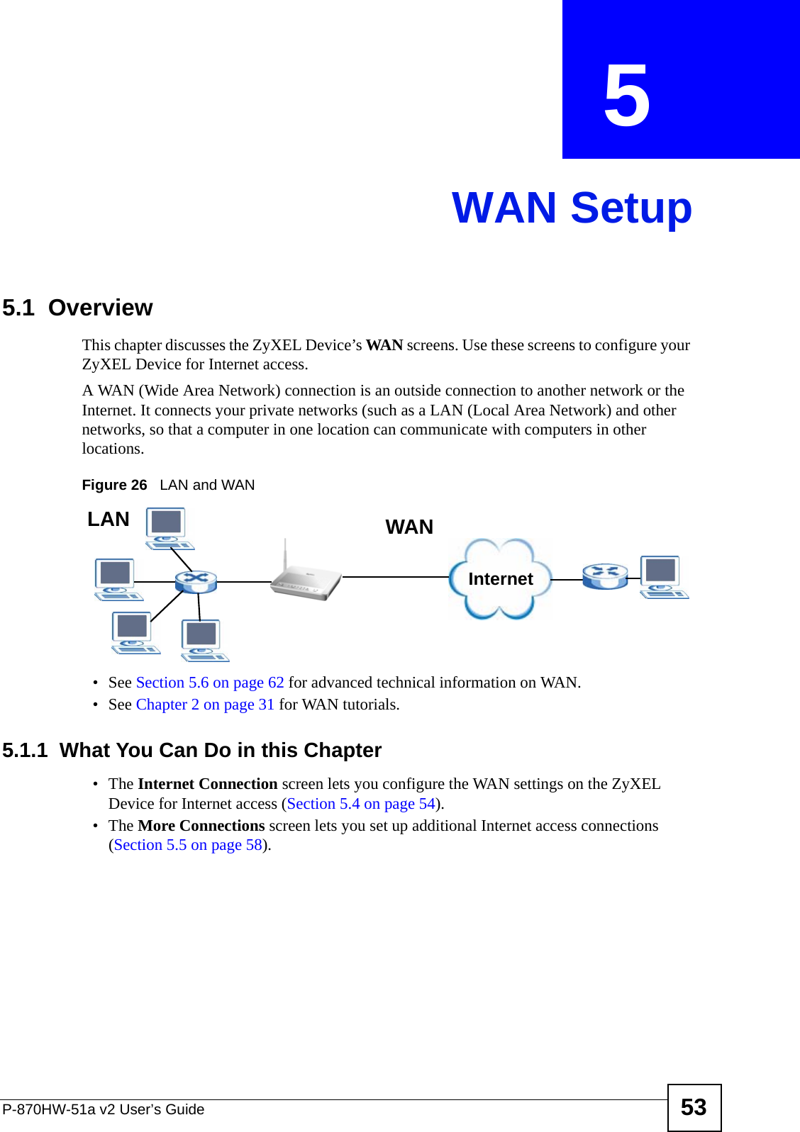 P-870HW-51a v2 User’s Guide 53CHAPTER  5 WAN Setup5.1  OverviewThis chapter discusses the ZyXEL Device’s WAN screens. Use these screens to configure your ZyXEL Device for Internet access.A WAN (Wide Area Network) connection is an outside connection to another network or the Internet. It connects your private networks (such as a LAN (Local Area Network) and other networks, so that a computer in one location can communicate with computers in other locations.Figure 26   LAN and WAN• See Section 5.6 on page 62 for advanced technical information on WAN.• See Chapter 2 on page 31 for WAN tutorials.5.1.1  What You Can Do in this Chapter•The Internet Connection screen lets you configure the WAN settings on the ZyXEL Device for Internet access (Section 5.4 on page 54).•The More Connections screen lets you set up additional Internet access connections (Section 5.5 on page 58).InternetWANLAN
