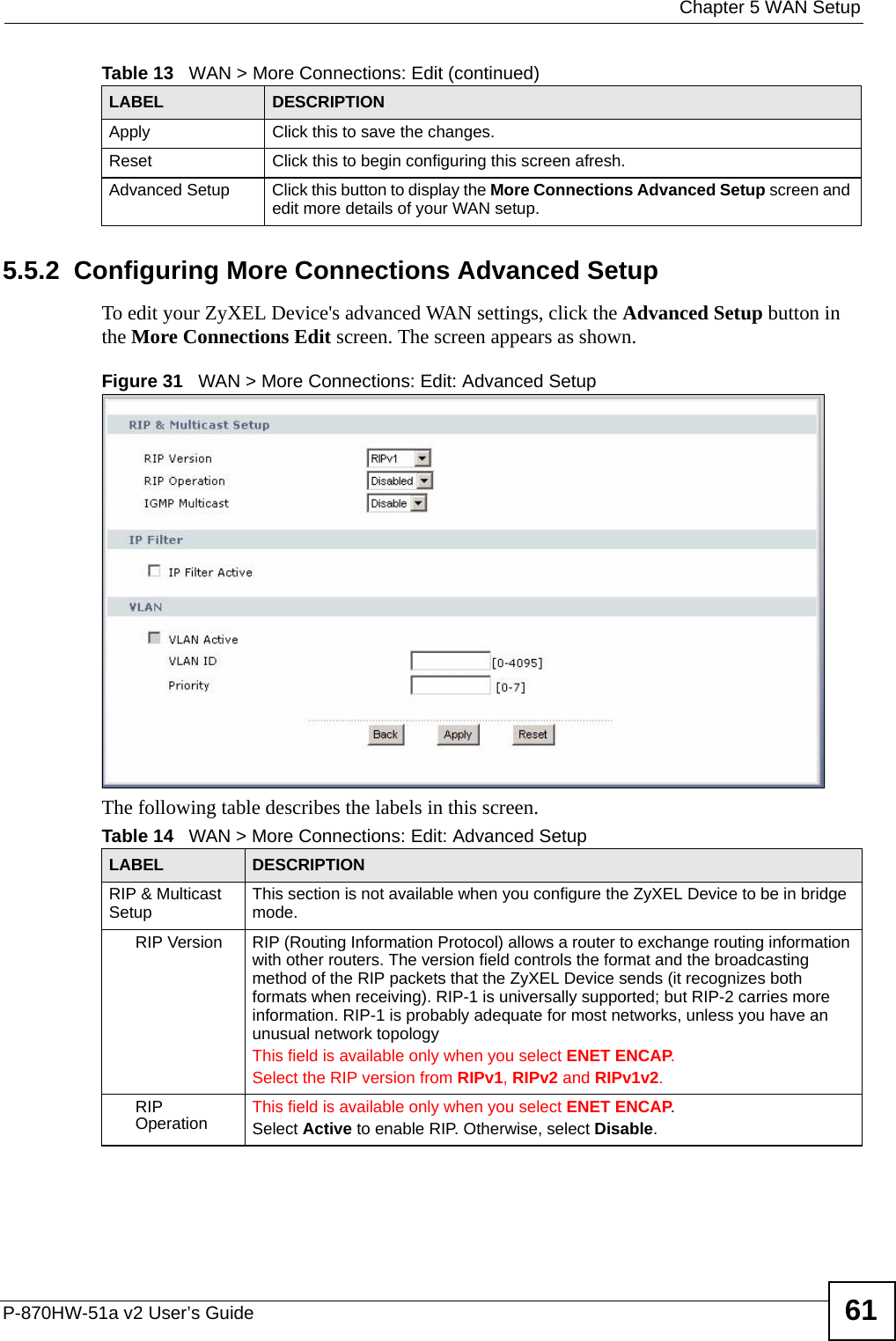  Chapter 5 WAN SetupP-870HW-51a v2 User’s Guide 615.5.2  Configuring More Connections Advanced Setup To edit your ZyXEL Device&apos;s advanced WAN settings, click the Advanced Setup button in the More Connections Edit screen. The screen appears as shown.Figure 31   WAN &gt; More Connections: Edit: Advanced SetupThe following table describes the labels in this screen. Apply Click this to save the changes. Reset Click this to begin configuring this screen afresh.Advanced Setup Click this button to display the More Connections Advanced Setup screen and edit more details of your WAN setup.Table 13   WAN &gt; More Connections: Edit (continued)LABEL DESCRIPTIONTable 14   WAN &gt; More Connections: Edit: Advanced SetupLABEL DESCRIPTIONRIP &amp; Multicast Setup This section is not available when you configure the ZyXEL Device to be in bridge mode.RIP Version RIP (Routing Information Protocol) allows a router to exchange routing information with other routers. The version field controls the format and the broadcasting method of the RIP packets that the ZyXEL Device sends (it recognizes both formats when receiving). RIP-1 is universally supported; but RIP-2 carries more information. RIP-1 is probably adequate for most networks, unless you have an unusual network topologyThis field is available only when you select ENET ENCAP.Select the RIP version from RIPv1, RIPv2 and RIPv1v2.RIP Operation This field is available only when you select ENET ENCAP.Select Active to enable RIP. Otherwise, select Disable.