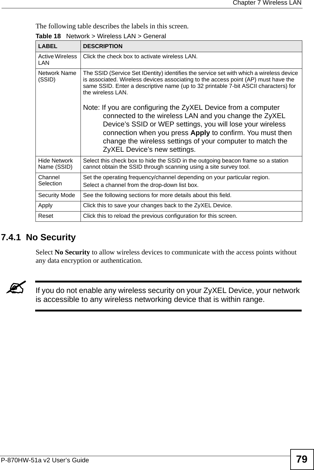  Chapter 7 Wireless LANP-870HW-51a v2 User’s Guide 79The following table describes the labels in this screen.7.4.1  No SecuritySelect No Security to allow wireless devices to communicate with the access points without any data encryption or authentication. &quot;If you do not enable any wireless security on your ZyXEL Device, your network is accessible to any wireless networking device that is within range.Table 18   Network &gt; Wireless LAN &gt; GeneralLABEL DESCRIPTIONActive Wireless LAN Click the check box to activate wireless LAN.Network Name (SSID) The SSID (Service Set IDentity) identifies the service set with which a wireless device is associated. Wireless devices associating to the access point (AP) must have the same SSID. Enter a descriptive name (up to 32 printable 7-bit ASCII characters) for the wireless LAN. Note: If you are configuring the ZyXEL Device from a computer connected to the wireless LAN and you change the ZyXEL Device’s SSID or WEP settings, you will lose your wireless connection when you press Apply to confirm. You must then change the wireless settings of your computer to match the ZyXEL Device’s new settings.Hide Network Name (SSID) Select this check box to hide the SSID in the outgoing beacon frame so a station cannot obtain the SSID through scanning using a site survey tool.Channel Selection Set the operating frequency/channel depending on your particular region. Select a channel from the drop-down list box. Security Mode See the following sections for more details about this field.Apply Click this to save your changes back to the ZyXEL Device.Reset Click this to reload the previous configuration for this screen.