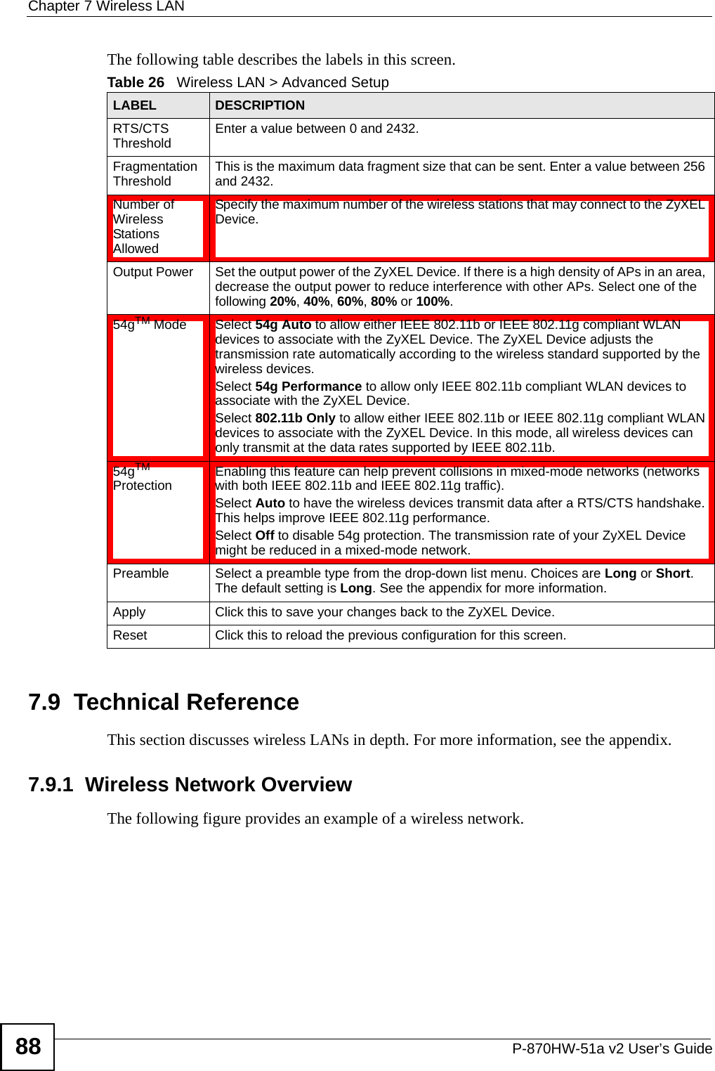 Chapter 7 Wireless LANP-870HW-51a v2 User’s Guide88The following table describes the labels in this screen. 7.9  Technical ReferenceThis section discusses wireless LANs in depth. For more information, see the appendix.7.9.1  Wireless Network OverviewThe following figure provides an example of a wireless network.Table 26   Wireless LAN &gt; Advanced SetupLABEL DESCRIPTIONRTS/CTS Threshold Enter a value between 0 and 2432. Fragmentation Threshold This is the maximum data fragment size that can be sent. Enter a value between 256 and 2432. Number of Wireless Stations AllowedSpecify the maximum number of the wireless stations that may connect to the ZyXEL Device.Output Power Set the output power of the ZyXEL Device. If there is a high density of APs in an area, decrease the output power to reduce interference with other APs. Select one of the following 20%, 40%, 60%, 80% or 100%. 54gTM Mode Select 54g Auto to allow either IEEE 802.11b or IEEE 802.11g compliant WLAN devices to associate with the ZyXEL Device. The ZyXEL Device adjusts the transmission rate automatically according to the wireless standard supported by the wireless devices.Select 54g Performance to allow only IEEE 802.11b compliant WLAN devices to associate with the ZyXEL Device.Select 802.11b Only to allow either IEEE 802.11b or IEEE 802.11g compliant WLAN devices to associate with the ZyXEL Device. In this mode, all wireless devices can only transmit at the data rates supported by IEEE 802.11b.54gTM Protection Enabling this feature can help prevent collisions in mixed-mode networks (networks with both IEEE 802.11b and IEEE 802.11g traffic).Select Auto to have the wireless devices transmit data after a RTS/CTS handshake. This helps improve IEEE 802.11g performance.Select Off to disable 54g protection. The transmission rate of your ZyXEL Device might be reduced in a mixed-mode network.Preamble Select a preamble type from the drop-down list menu. Choices are Long or Short. The default setting is Long. See the appendix for more information.Apply Click this to save your changes back to the ZyXEL Device.Reset Click this to reload the previous configuration for this screen.