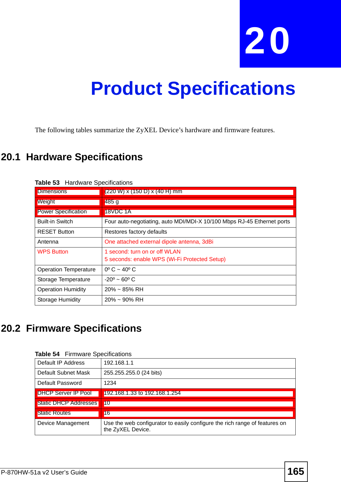P-870HW-51a v2 User’s Guide 165CHAPTER  20 Product SpecificationsThe following tables summarize the ZyXEL Device’s hardware and firmware features.20.1  Hardware Specifications20.2  Firmware SpecificationsTable 53   Hardware SpecificationsDimensions (220 W) x (150 D) x (40 H) mmWeight 485 gPower Specification 18VDC 1ABuilt-in Switch Four auto-negotiating, auto MDI/MDI-X 10/100 Mbps RJ-45 Ethernet portsRESET Button Restores factory defaultsAntenna One attached external dipole antenna, 3dBiWPS Button 1 second: turn on or off WLAN5 seconds: enable WPS (Wi-Fi Protected Setup)Operation Temperature 0º C ~ 40º CStorage Temperature -20º ~ 60º COperation Humidity 20% ~ 85% RHStorage Humidity 20% ~ 90% RHTable 54   Firmware Specifications Default IP Address 192.168.1.1Default Subnet Mask 255.255.255.0 (24 bits)Default Password 1234DHCP Server IP Pool 192.168.1.33 to 192.168.1.254Static DHCP Addresses 10Static Routes 16Device Management Use the web configurator to easily configure the rich range of features on the ZyXEL Device.