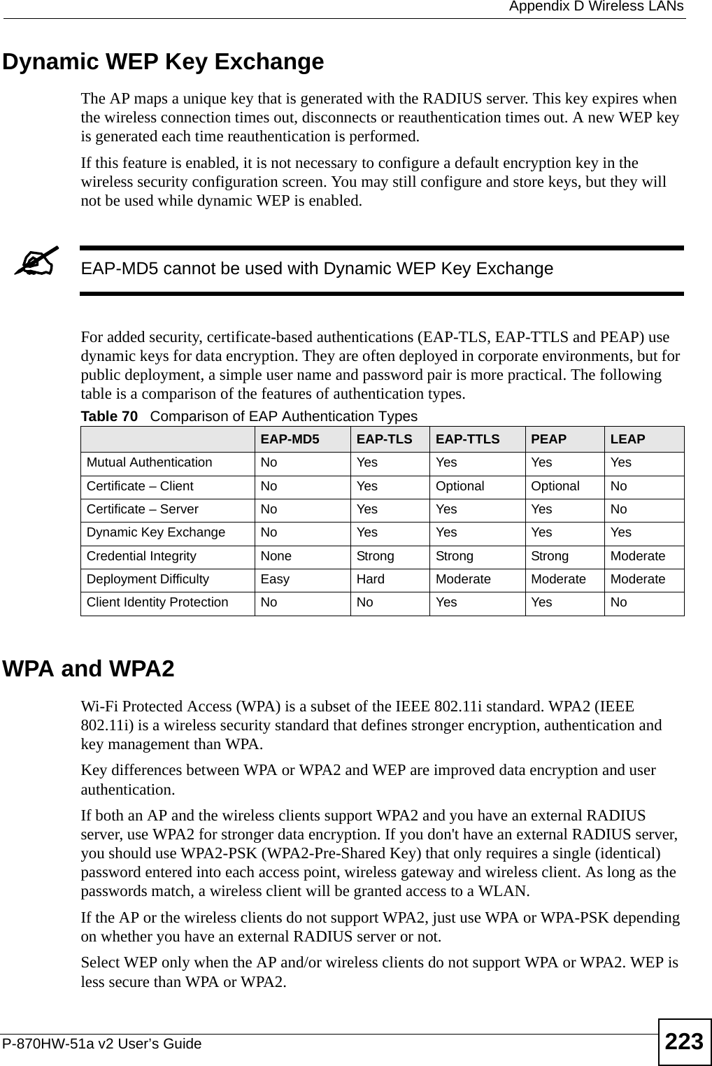 Appendix D Wireless LANsP-870HW-51a v2 User’s Guide 223Dynamic WEP Key ExchangeThe AP maps a unique key that is generated with the RADIUS server. This key expires when the wireless connection times out, disconnects or reauthentication times out. A new WEP key is generated each time reauthentication is performed.If this feature is enabled, it is not necessary to configure a default encryption key in the wireless security configuration screen. You may still configure and store keys, but they will not be used while dynamic WEP is enabled.&quot;EAP-MD5 cannot be used with Dynamic WEP Key ExchangeFor added security, certificate-based authentications (EAP-TLS, EAP-TTLS and PEAP) use dynamic keys for data encryption. They are often deployed in corporate environments, but for public deployment, a simple user name and password pair is more practical. The following table is a comparison of the features of authentication types.WPA and WPA2Wi-Fi Protected Access (WPA) is a subset of the IEEE 802.11i standard. WPA2 (IEEE 802.11i) is a wireless security standard that defines stronger encryption, authentication and key management than WPA. Key differences between WPA or WPA2 and WEP are improved data encryption and user authentication.If both an AP and the wireless clients support WPA2 and you have an external RADIUS server, use WPA2 for stronger data encryption. If you don&apos;t have an external RADIUS server, you should use WPA2-PSK (WPA2-Pre-Shared Key) that only requires a single (identical) password entered into each access point, wireless gateway and wireless client. As long as the passwords match, a wireless client will be granted access to a WLAN. If the AP or the wireless clients do not support WPA2, just use WPA or WPA-PSK depending on whether you have an external RADIUS server or not.Select WEP only when the AP and/or wireless clients do not support WPA or WPA2. WEP is less secure than WPA or WPA2.Table 70   Comparison of EAP Authentication TypesEAP-MD5 EAP-TLS EAP-TTLS PEAP LEAPMutual Authentication No Yes Yes Yes YesCertificate – Client No Yes Optional Optional NoCertificate – Server No Yes Yes Yes NoDynamic Key Exchange No Yes Yes Yes YesCredential Integrity None Strong Strong Strong ModerateDeployment Difficulty Easy Hard Moderate Moderate ModerateClient Identity Protection No No Yes Yes No