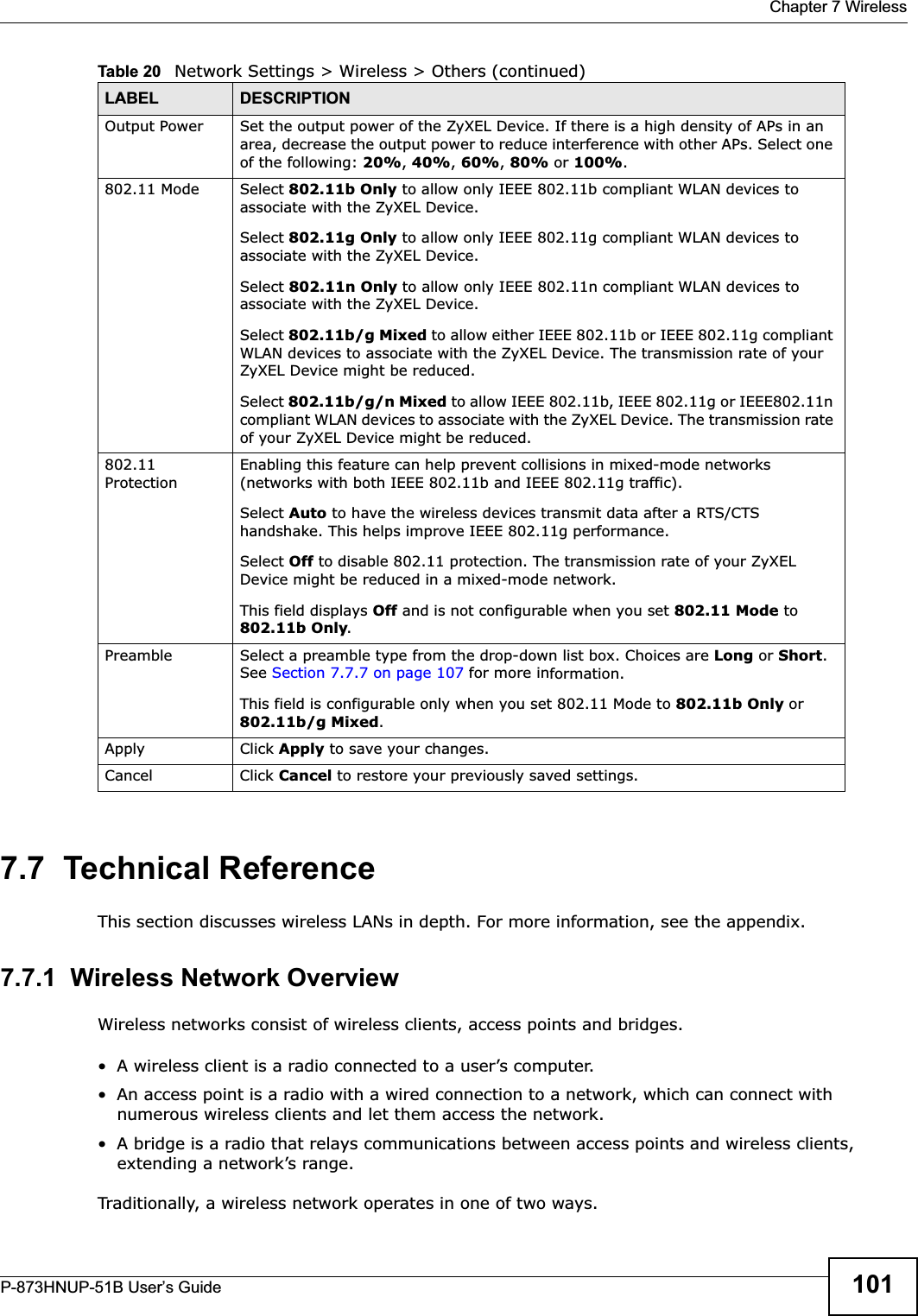  Chapter 7 WirelessP-873HNUP-51B User’s Guide 1017.7  Technical ReferenceThis section discusses wireless LANs in depth. For more information, see the appendix.7.7.1  Wireless Network OverviewWireless networks consist of wireless clients, access points and bridges. • A wireless client is a radio connected to a user’s computer. • An access point is a radio with a wired connection to a network, which can connect with numerous wireless clients and let them access the network. • A bridge is a radio that relays communications between access points and wireless clients, extending a network’s range. Traditionally, a wireless network operates in one of two ways.Output Power Set the output power of the ZyXEL Device. If there is a high density of APs in an area, decrease the output power to reduce interference with other APs. Select one of the following: 20%,40%,60%,80% or 100%.802.11 Mode Select 802.11b Only to allow only IEEE 802.11b compliant WLAN devices to associate with the ZyXEL Device.Select 802.11g Only to allow only IEEE 802.11g compliant WLAN devices to associate with the ZyXEL Device.Select 802.11n Only to allow only IEEE 802.11n compliant WLAN devices to associate with the ZyXEL Device.Select 802.11b/g Mixed to allow either IEEE 802.11b or IEEE 802.11g compliant WLAN devices to associate with the ZyXEL Device. The transmission rate of your ZyXEL Device might be reduced.Select 802.11b/g/n Mixed to allow IEEE 802.11b, IEEE 802.11g or IEEE802.11n compliant WLAN devices to associate with the ZyXEL Device. The transmission rate of your ZyXEL Device might be reduced.802.11 ProtectionEnabling this feature can help prevent collisions in mixed-mode networks (networks with both IEEE 802.11b and IEEE 802.11g traffic).Select Auto to have the wireless devices transmit data after a RTS/CTS handshake. This helps improve IEEE 802.11g performance.Select Off to disable 802.11 protection. The transmission rate of your ZyXEL Device might be reduced in a mixed-mode network.This field displays Off and is not configurable when you set 802.11 Mode to 802.11b Only.Preamble Select a preamble type from the drop-down list box. Choices are Long or Short.See Section 7.7.7 on page 107 for more information.This field is configurable only when you set 802.11 Mode to 802.11b Only or802.11b/g Mixed.Apply Click Apply to save your changes.Cancel Click Cancel to restore your previously saved settings.Table 20   Network Settings &gt; Wireless &gt; Others (continued)LABEL DESCRIPTION