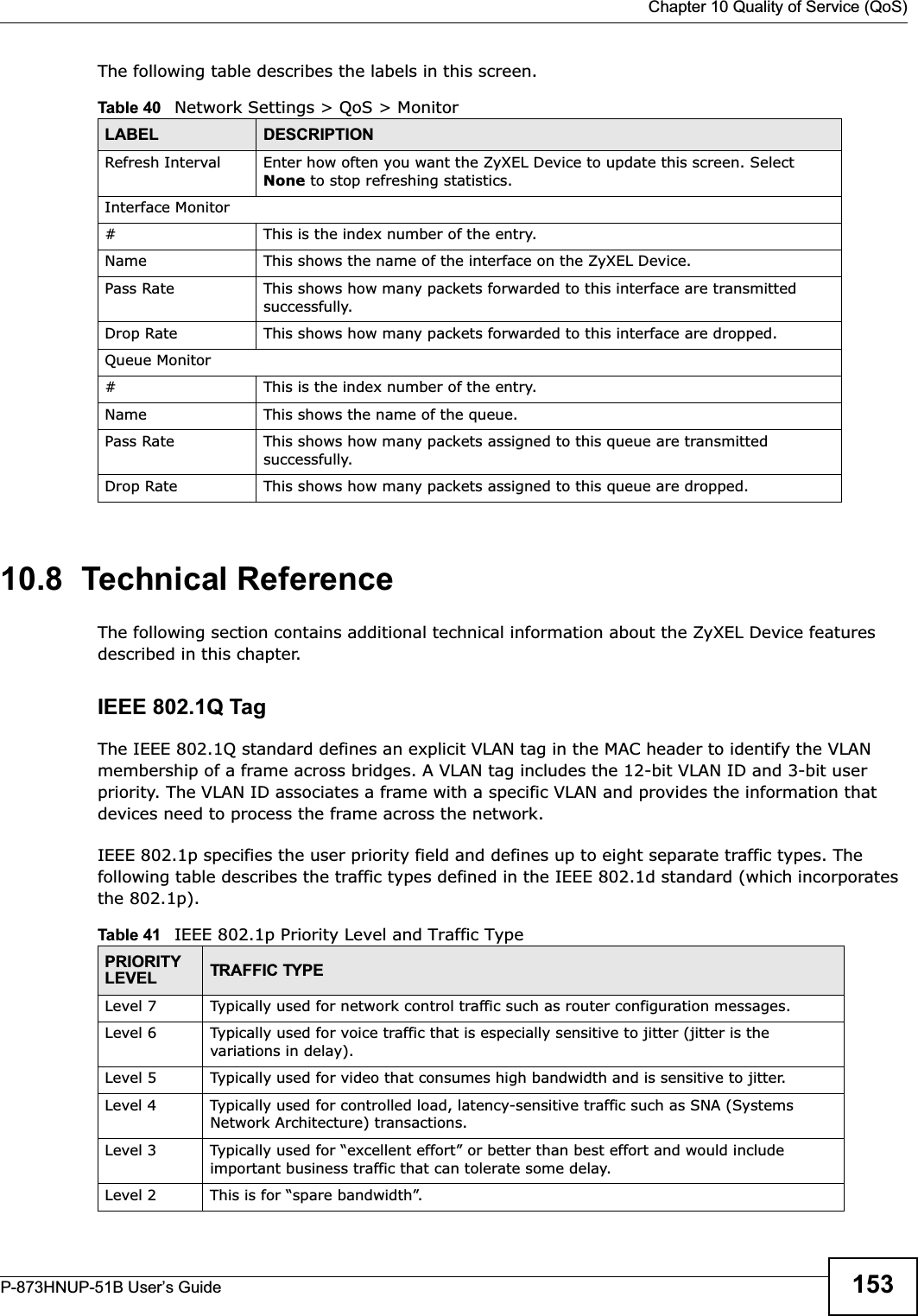  Chapter 10 Quality of Service (QoS)P-873HNUP-51B User’s Guide 153The following table describes the labels in this screen.  10.8  Technical ReferenceThe following section contains additional technical information about the ZyXEL Device features described in this chapter.IEEE 802.1Q TagThe IEEE 802.1Q standard defines an explicit VLAN tag in the MAC header to identify the VLAN membership of a frame across bridges. A VLAN tag includes the 12-bit VLAN ID and 3-bit user priority. The VLAN ID associates a frame with a specific VLAN and provides the information that devices need to process the frame across the network. IEEE 802.1p specifies the user priority field and defines up to eight separate traffic types. The following table describes the traffic types defined in the IEEE 802.1d standard (which incorporates the 802.1p).  Table 40   Network Settings &gt; QoS &gt; MonitorLABEL DESCRIPTIONRefresh Interval Enter how often you want the ZyXEL Device to update this screen. Select None to stop refreshing statistics.Interface Monitor# This is the index number of the entry.Name This shows the name of the interface on the ZyXEL Device. Pass Rate This shows how many packets forwarded to this interface are transmitted successfully.Drop Rate This shows how many packets forwarded to this interface are dropped.Queue Monitor# This is the index number of the entry.Name This shows the name of the queue. Pass Rate This shows how many packets assigned to this queue are transmitted successfully.Drop Rate This shows how many packets assigned to this queue are dropped.Table 41   IEEE 802.1p Priority Level and Traffic TypePRIORITYLEVEL TRAFFIC TYPELevel 7 Typically used for network control traffic such as router configuration messages.Level 6 Typically used for voice traffic that is especially sensitive to jitter (jitter is the variations in delay).Level 5 Typically used for video that consumes high bandwidth and is sensitive to jitter.Level 4 Typically used for controlled load, latency-sensitive traffic such as SNA (Systems Network Architecture) transactions.Level 3 Typically used for “excellent effort” or better than best effort and would include important business traffic that can tolerate some delay.Level 2 This is for “spare bandwidth”. 
