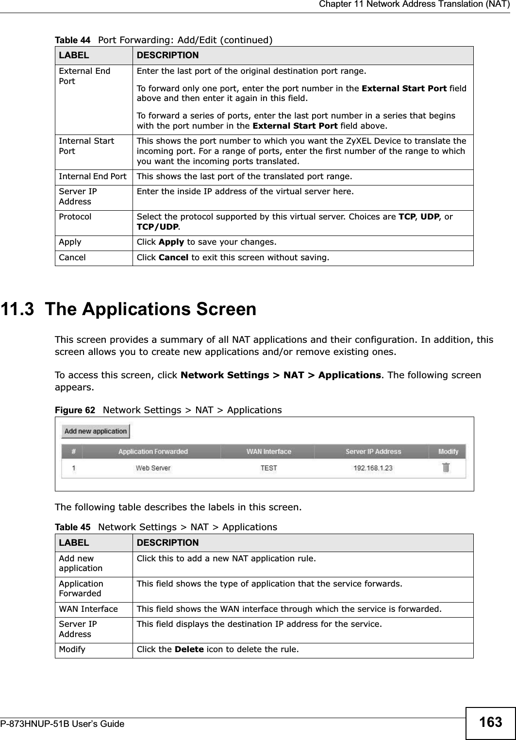  Chapter 11 Network Address Translation (NAT)P-873HNUP-51B User’s Guide 16311.3  The Applications ScreenThis screen provides a summary of all NAT applications and their configuration. In addition, this screen allows you to create new applications and/or remove existing ones.To access this screen, click Network Settings &gt; NAT &gt; Applications. The following screen appears.Figure 62   Network Settings &gt; NAT &gt; ApplicationsThe following table describes the labels in this screen. External End Port Enter the last port of the original destination port range. To forward only one port, enter the port number in the External Start Port fieldabove and then enter it again in this field. To forward a series of ports, enter the last port number in a series that begins with the port number in the External Start Port field above.Internal Start PortThis shows the port number to which you want the ZyXEL Device to translate the incoming port. For a range of ports, enter the first number of the range to which you want the incoming ports translated.Internal End Port  This shows the last port of the translated port range.Server IP AddressEnter the inside IP address of the virtual server here.Protocol Select the protocol supported by this virtual server. Choices are TCP,UDP, or TCP/UDP.Apply Click Apply to save your changes.Cancel Click Cancel to exit this screen without saving.Table 44   Port Forwarding: Add/Edit (continued)LABEL DESCRIPTIONTable 45   Network Settings &gt; NAT &gt; ApplicationsLABEL DESCRIPTIONAdd new applicationClick this to add a new NAT application rule.Application ForwardedThis field shows the type of application that the service forwards.WAN Interface This field shows the WAN interface through which the service is forwarded.Server IP AddressThis field displays the destination IP address for the service.Modify Click the Delete icon to delete the rule.