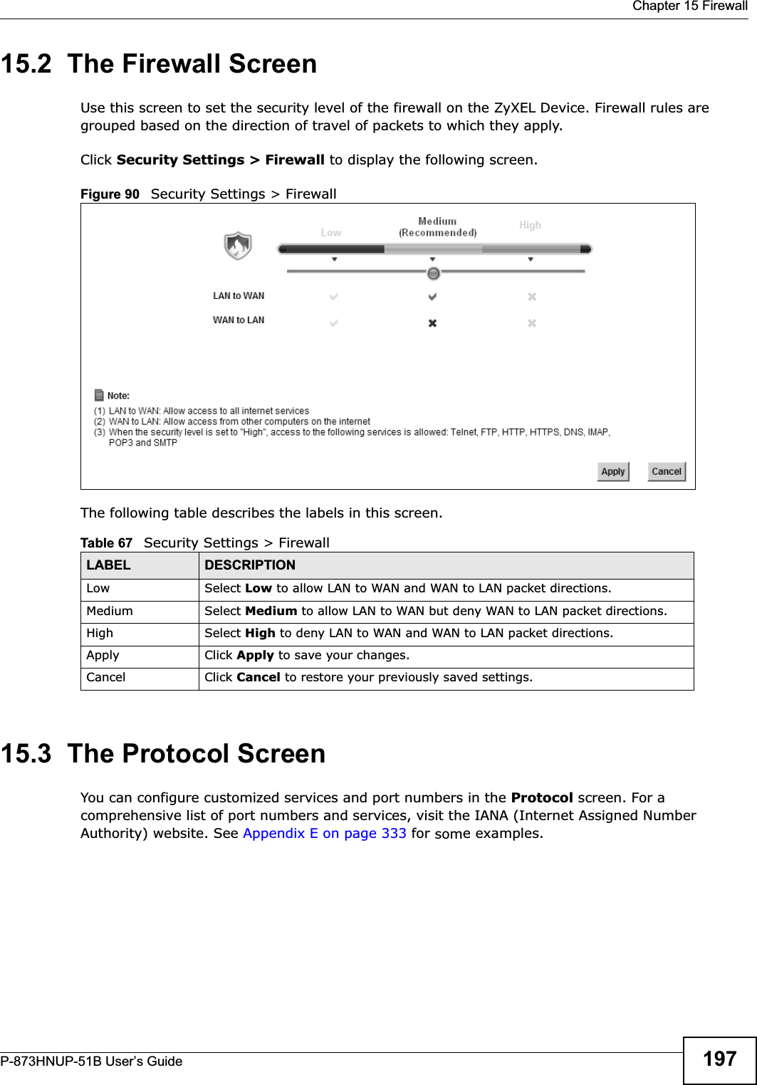 Chapter 15 FirewallP-873HNUP-51B User’s Guide 19715.2  The Firewall ScreenUse this screen to set the security level of the firewall on the ZyXEL Device. Firewall rules are grouped based on the direction of travel of packets to which they apply. Click Security Settings &gt; Firewall to display the following screen. Figure 90   Security Settings &gt; FirewallThe following table describes the labels in this screen.15.3  The Protocol Screen You can configure customized services and port numbers in the Protocol screen. For a comprehensive list of port numbers and services, visit the IANA (Internet Assigned Number Authority) website. See Appendix E on page 333 for some examples. Table 67   Security Settings &gt; FirewallLABEL DESCRIPTIONLow Select Low to allow LAN to WAN and WAN to LAN packet directions.Medium Select Medium to allow LAN to WAN but deny WAN to LAN packet directions.High Select High to deny LAN to WAN and WAN to LAN packet directions.Apply Click Apply to save your changes.Cancel Click Cancel to restore your previously saved settings.
