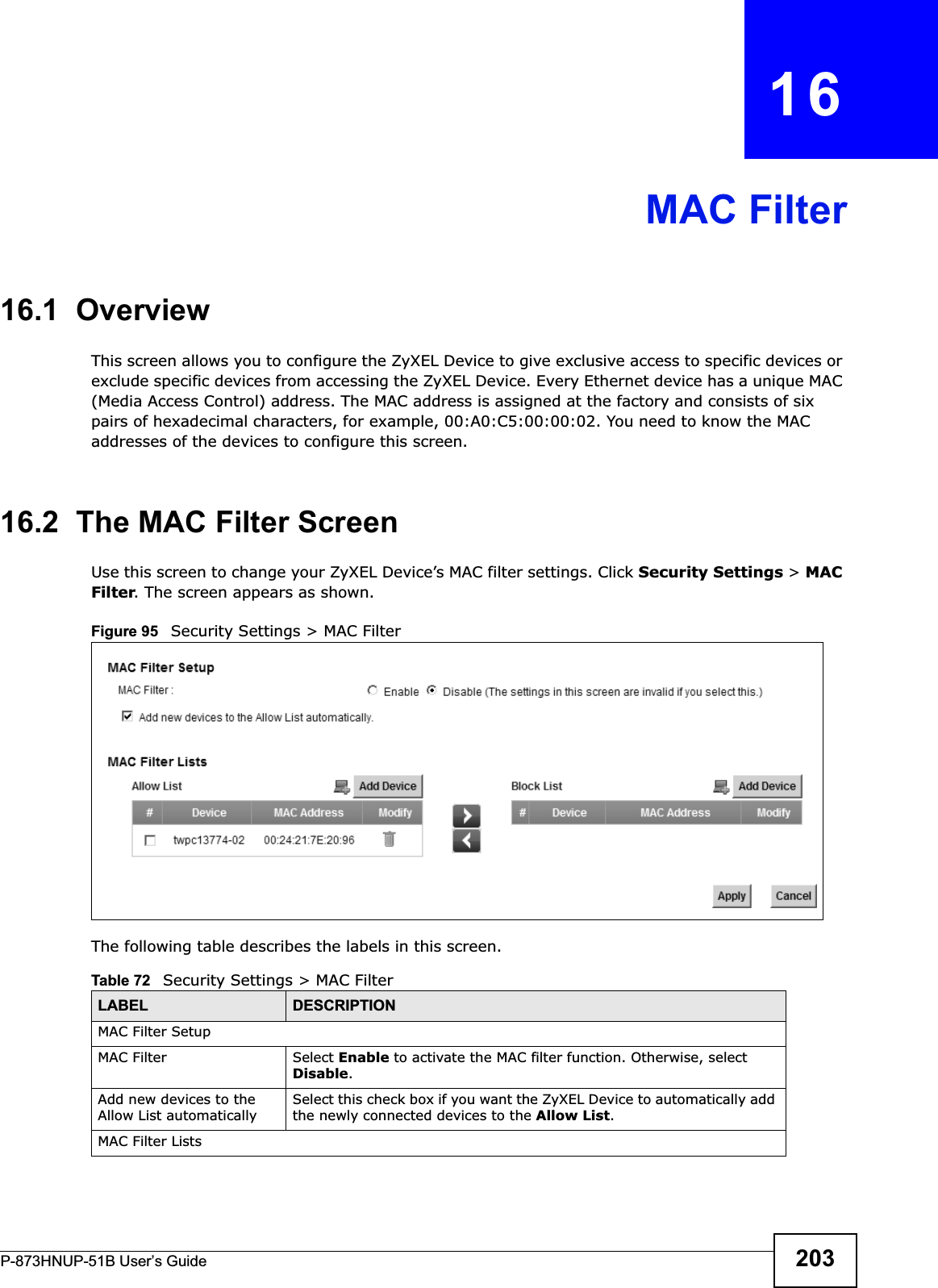 P-873HNUP-51B User’s Guide 203CHAPTER   16MAC Filter16.1  Overview This screen allows you to configure the ZyXEL Device to give exclusive access to specific devices or exclude specific devices from accessing the ZyXEL Device. Every Ethernet device has a unique MAC (Media Access Control) address. The MAC address is assigned at the factory and consists of six pairs of hexadecimal characters, for example, 00:A0:C5:00:00:02. You need to know the MAC addresses of the devices to configure this screen.16.2  The MAC Filter ScreenUse this screen to change your ZyXEL Device’s MAC filter settings. Click Security Settings &gt;MACFilter. The screen appears as shown.Figure 95   Security Settings &gt; MAC FilterThe following table describes the labels in this screen. Table 72   Security Settings &gt; MAC FilterLABEL DESCRIPTIONMAC Filter SetupMAC Filter  Select Enable to activate the MAC filter function. Otherwise, select Disable.Add new devices to the Allow List automaticallySelect this check box if you want the ZyXEL Device to automatically add the newly connected devices to the Allow List.MAC Filter Lists
