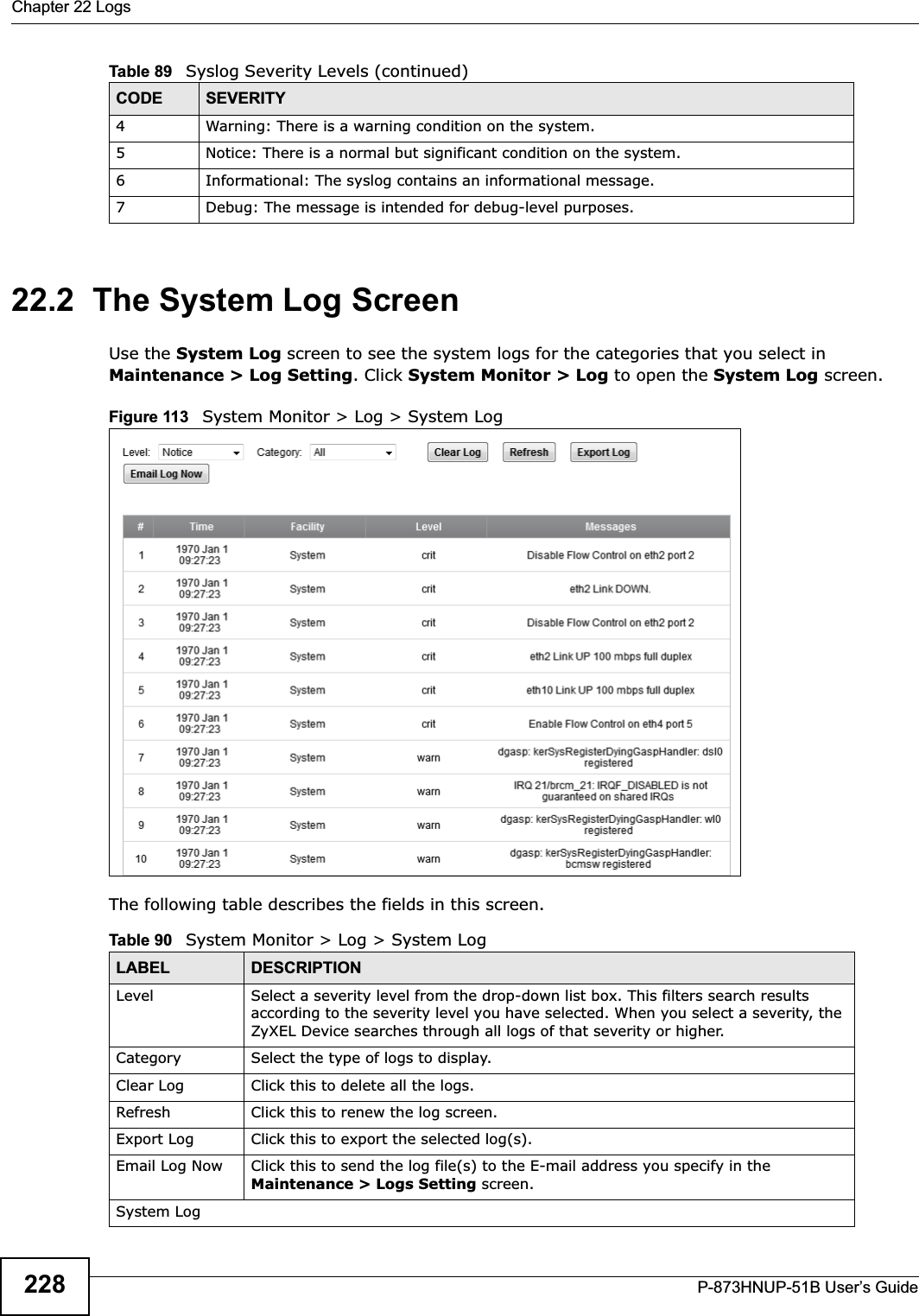 Chapter 22 LogsP-873HNUP-51B User’s Guide22822.2  The System Log Screen Use the System Log screen to see the system logs for the categories that you select in Maintenance &gt; Log Setting. Click System Monitor &gt; Log to open the System Log screen. Figure 113   System Monitor &gt; Log &gt; System LogThe following table describes the fields in this screen.   4 Warning: There is a warning condition on the system.5 Notice: There is a normal but significant condition on the system.6 Informational: The syslog contains an informational message.7 Debug: The message is intended for debug-level purposes.Table 89   Syslog Severity Levels (continued)CODE SEVERITYTable 90   System Monitor &gt; Log &gt; System LogLABEL DESCRIPTIONLevel Select a severity level from the drop-down list box. This filters search results according to the severity level you have selected. When you select a severity, the ZyXEL Device searches through all logs of that severity or higher. Category Select the type of logs to display.Clear Log  Click this to delete all the logs. Refresh Click this to renew the log screen. Export Log Click this to export the selected log(s).Email Log Now Click this to send the log file(s) to the E-mail address you specify in the Maintenance &gt; Logs Setting screen.System Log