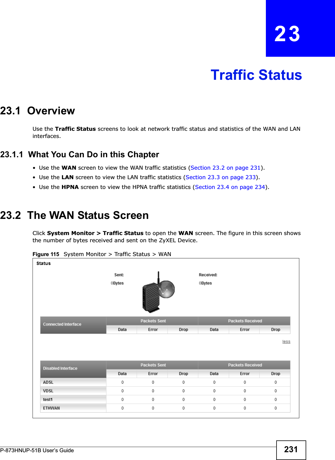 P-873HNUP-51B User’s Guide 231CHAPTER   23Traffic Status23.1  OverviewUse the Traffic Status screens to look at network traffic status and statistics of the WAN and LAN interfaces.23.1.1  What You Can Do in this Chapter•Use the WAN screen to view the WAN traffic statistics (Section 23.2 on page 231).•Use the LAN screen to view the LAN traffic statistics (Section 23.3 on page 233).•Use the HPNA screen to view the HPNA traffic statistics (Section 23.4 on page 234).23.2  The WAN Status Screen Click System Monitor &gt; Traffic Status to open the WAN screen. The figure in this screen shows the number of bytes received and sent on the ZyXEL Device.Figure 115   System Monitor &gt; Traffic Status &gt; WAN