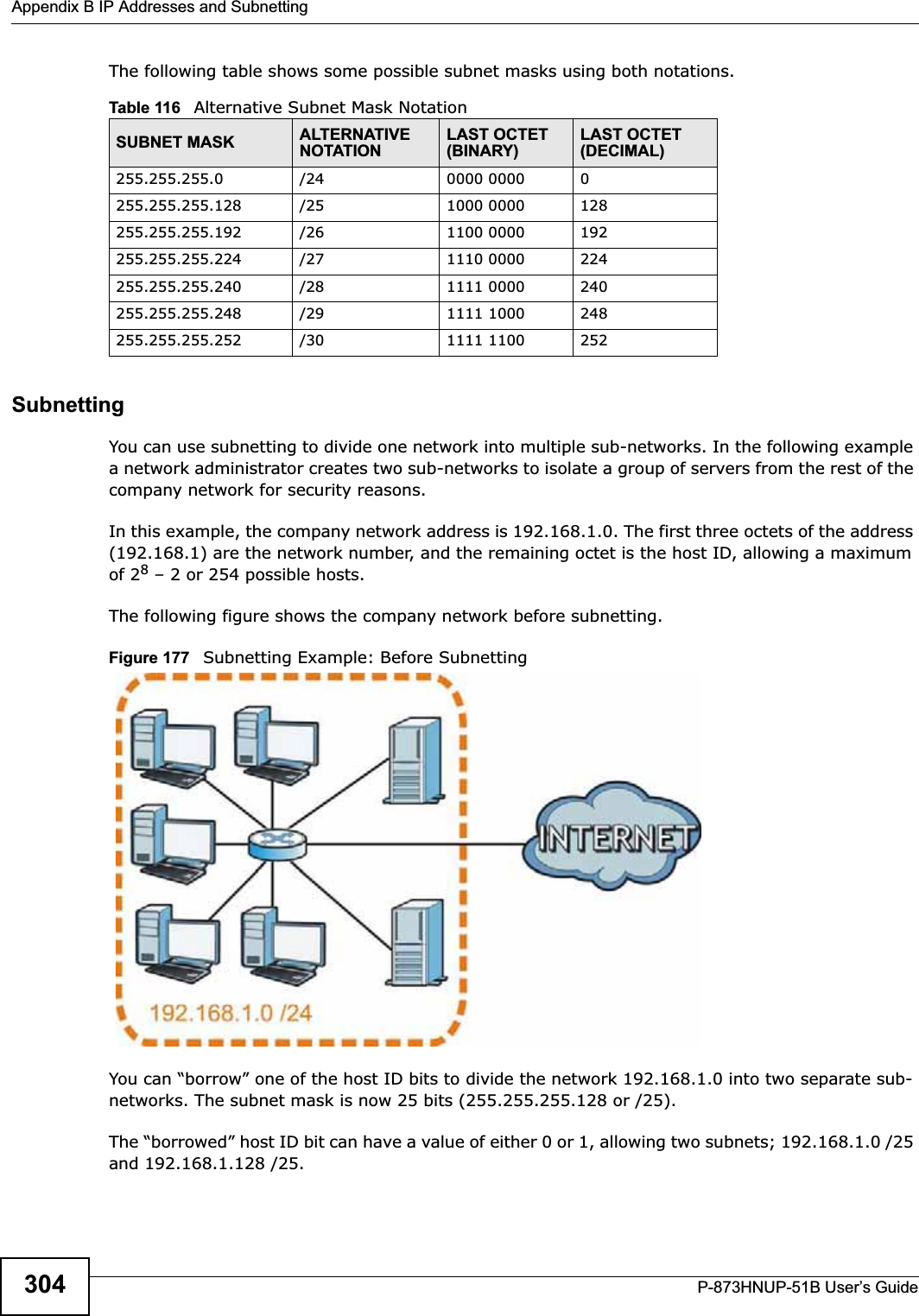 Appendix B IP Addresses and SubnettingP-873HNUP-51B User’s Guide304The following table shows some possible subnet masks using both notations. SubnettingYou can use subnetting to divide one network into multiple sub-networks. In the following example a network administrator creates two sub-networks to isolate a group of servers from the rest of the company network for security reasons.In this example, the company network address is 192.168.1.0. The first three octets of the address (192.168.1) are the network number, and the remaining octet is the host ID, allowing a maximum of 28 – 2 or 254 possible hosts.The following figure shows the company network before subnetting. Figure 177   Subnetting Example: Before SubnettingYou can “borrow” one of the host ID bits to divide the network 192.168.1.0 into two separate sub-networks. The subnet mask is now 25 bits (255.255.255.128 or /25).The “borrowed” host ID bit can have a value of either 0 or 1, allowing two subnets; 192.168.1.0 /25 and 192.168.1.128 /25. Table 116   Alternative Subnet Mask NotationSUBNET MASK ALTERNATIVE NOTATIONLAST OCTET (BINARY)LAST OCTET (DECIMAL)255.255.255.0 /24 0000 0000 0255.255.255.128 /25 1000 0000 128255.255.255.192 /26 1100 0000 192255.255.255.224 /27 1110 0000 224255.255.255.240 /28 1111 0000 240255.255.255.248 /29 1111 1000 248255.255.255.252 /30 1111 1100 252