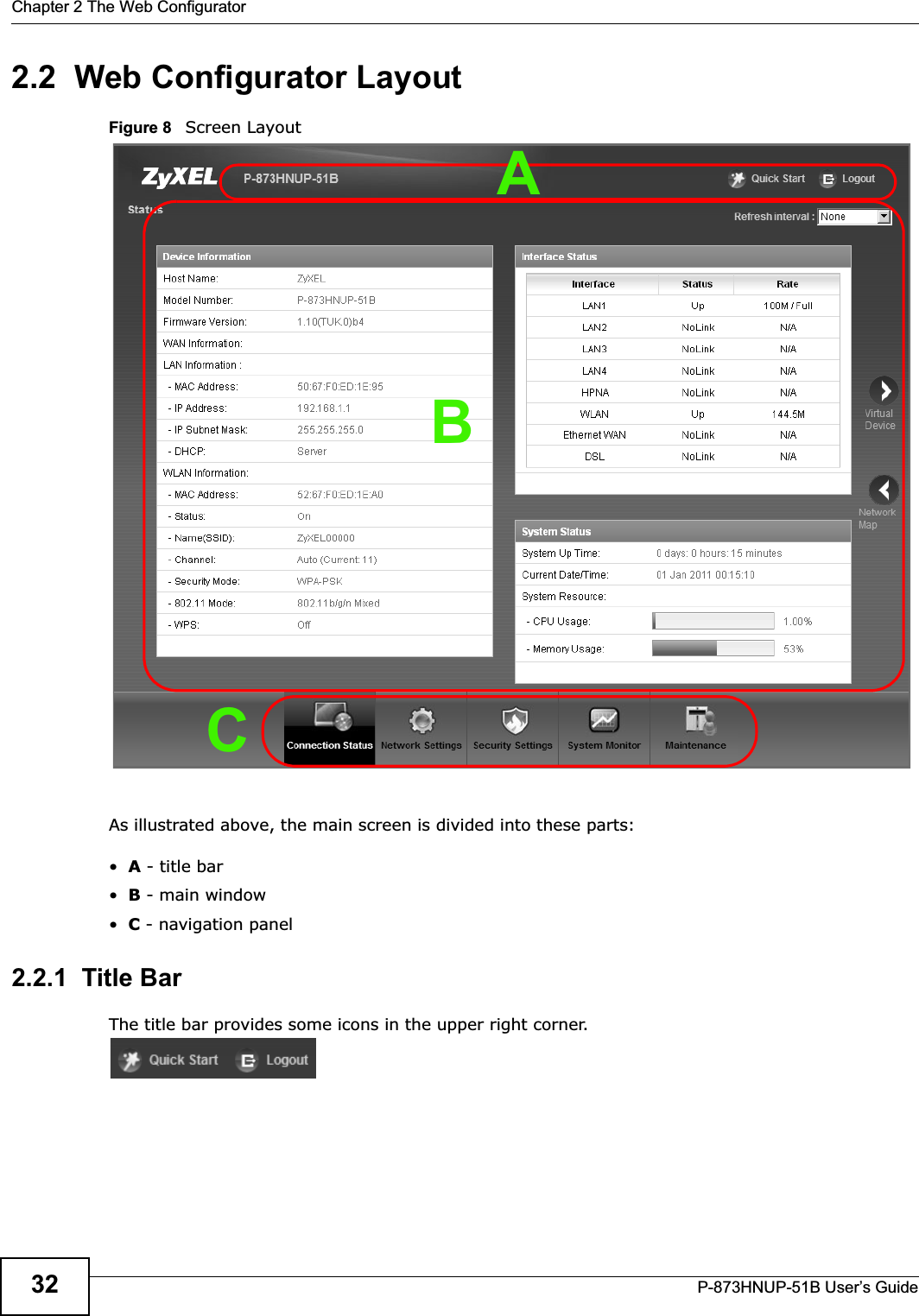 Chapter 2 The Web ConfiguratorP-873HNUP-51B User’s Guide322.2  Web Configurator LayoutFigure 8   Screen LayoutAs illustrated above, the main screen is divided into these parts:•A - title bar•B - main window •C - navigation panel2.2.1  Title BarThe title bar provides some icons in the upper right corner.BCA