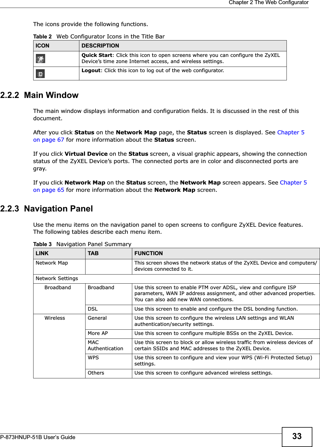  Chapter 2 The Web ConfiguratorP-873HNUP-51B User’s Guide 33The icons provide the following functions.2.2.2  Main WindowThe main window displays information and configuration fields. It is discussed in the rest of this document.After you click Status on the Network Map page, the Status screen is displayed. See Chapter 5 on page 67 for more information about the Status screen.If you click Virtual Device on the Status screen, a visual graphic appears, showing the connection status of the ZyXEL Device’s ports. The connected ports are in color and disconnected ports are gray.If you click Network Map on the Status screen, the Network Map screen appears. See Chapter 5 on page 65 for more information about the Network Map screen.2.2.3  Navigation PanelUse the menu items on the navigation panel to open screens to configure ZyXEL Device features. The following tables describe each menu item.       Table 2   Web Configurator Icons in the Title BarICON DESCRIPTIONQuick Start: Click this icon to open screens where you can configure the ZyXEL Device’s time zone Internet access, and wireless settings.Logout: Click this icon to log out of the web configurator.Table 3   Navigation Panel SummaryLINK TAB FUNCTIONNetwork Map This screen shows the network status of the ZyXEL Device and computers/devices connected to it.Network SettingsBroadband Broadband Use this screen to enable PTM over ADSL, view and configure ISP parameters, WAN IP address assignment, and other advanced properties. You can also add new WAN connections. DSL Use this screen to enable and configure the DSL bonding function.Wireless General Use this screen to configure the wireless LAN settings and WLAN authentication/security settings. More AP Use this screen to configure multiple BSSs on the ZyXEL Device.MAC AuthenticationUse this screen to block or allow wireless traffic from wireless devices of certain SSIDs and MAC addresses to the ZyXEL Device.WPS Use this screen to configure and view your WPS (Wi-Fi Protected Setup) settings.Others Use this screen to configure advanced wireless settings.
