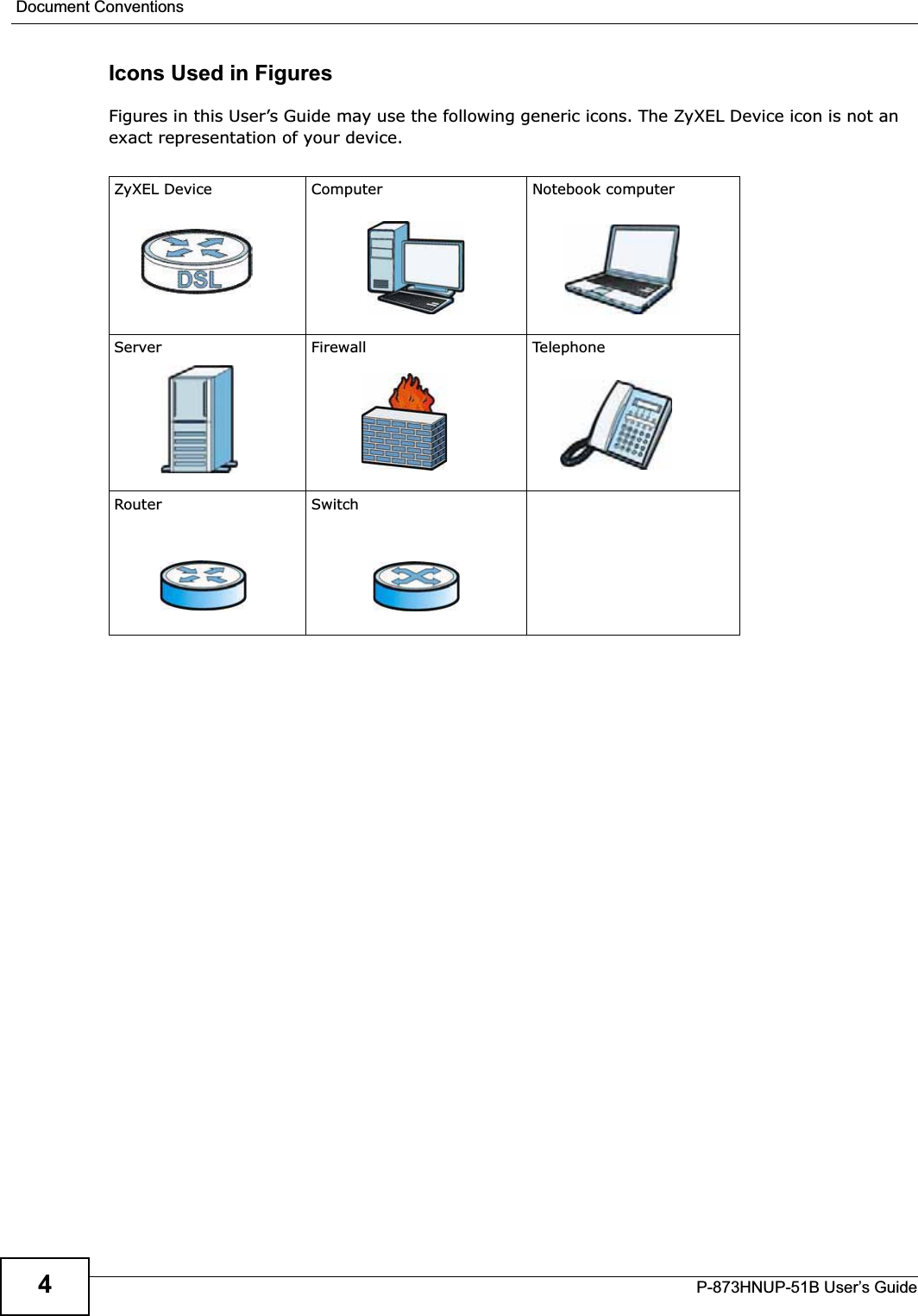 Document ConventionsP-873HNUP-51B User’s Guide4Icons Used in FiguresFigures in this User’s Guide may use the following generic icons. The ZyXEL Device icon is not an exact representation of your device.ZyXEL Device Computer Notebook computerServer Firewall Telep honeRouter Switch