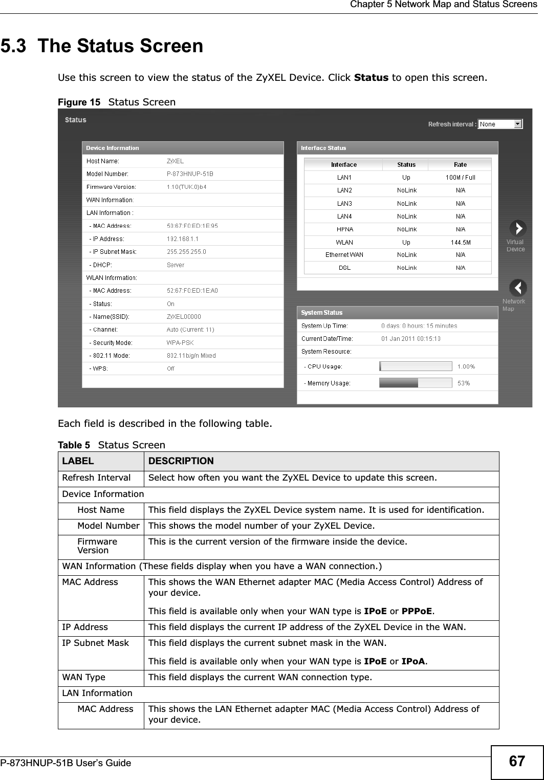  Chapter 5 Network Map and Status ScreensP-873HNUP-51B User’s Guide 675.3  The Status Screen Use this screen to view the status of the ZyXEL Device. Click Status to open this screen.Figure 15   Status ScreenEach field is described in the following table.Table 5   Status ScreenLABEL DESCRIPTIONRefresh Interval Select how often you want the ZyXEL Device to update this screen.Device InformationHost Name This field displays the ZyXEL Device system name. It is used for identification. Model Number This shows the model number of your ZyXEL Device.Firmware Version This is the current version of the firmware inside the device. WAN Information (These fields display when you have a WAN connection.)MAC Address This shows the WAN Ethernet adapter MAC (Media Access Control) Address of your device.This field is available only when your WAN type is IPoE or PPPoE.IP Address This field displays the current IP address of the ZyXEL Device in the WAN.IP Subnet Mask This field displays the current subnet mask in the WAN.This field is available only when your WAN type is IPoE or IPoA.WAN Type This field displays the current WAN connection type.LAN InformationMAC Address This shows the LAN Ethernet adapter MAC (Media Access Control) Address of your device.