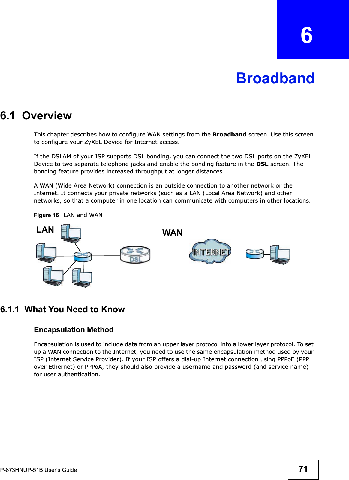 P-873HNUP-51B User’s Guide 71CHAPTER   6Broadband6.1  OverviewThis chapter describes how to configure WAN settings from the Broadband screen. Use this screen to configure your ZyXEL Device for Internet access. If the DSLAM of your ISP supports DSL bonding, you can connect the two DSL ports on the ZyXEL Device to two separate telephone jacks and enable the bonding feature in the DSL screen. The bonding feature provides increased throughput at longer distances.A WAN (Wide Area Network) connection is an outside connection to another network or the Internet. It connects your private networks (such as a LAN (Local Area Network) and other networks, so that a computer in one location can communicate with computers in other locations.Figure 16   LAN and WAN6.1.1  What You Need to KnowEncapsulation MethodEncapsulation is used to include data from an upper layer protocol into a lower layer protocol. To set up a WAN connection to the Internet, you need to use the same encapsulation method used by your ISP (Internet Service Provider). If your ISP offers a dial-up Internet connection using PPPoE (PPP over Ethernet) or PPPoA, they should also provide a username and password (and service name) for user authentication.WANLAN