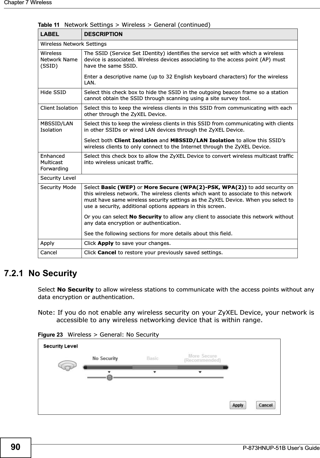 Chapter 7 WirelessP-873HNUP-51B User’s Guide907.2.1  No SecuritySelect No Security to allow wireless stations to communicate with the access points without any data encryption or authentication.Note: If you do not enable any wireless security on your ZyXEL Device, your network is accessible to any wireless networking device that is within range.Figure 23   Wireless &gt; General: No SecurityWireless Network SettingsWireless Network Name (SSID)The SSID (Service Set IDentity) identifies the service set with which a wireless device is associated. Wireless devices associating to the access point (AP) must have the same SSID. Enter a descriptive name (up to 32 English keyboard characters) for the wireless LAN.Hide SSID Select this check box to hide the SSID in the outgoing beacon frame so a station cannot obtain the SSID through scanning using a site survey tool.Client Isolation  Select this to keep the wireless clients in this SSID from communicating with each other through the ZyXEL Device. MBSSID/LAN Isolation Select this to keep the wireless clients in this SSID from communicating with clients in other SSIDs or wired LAN devices through the ZyXEL Device.Select both Client Isolation and MBSSID/LAN Isolation to allow this SSID’s wireless clients to only connect to the Internet through the ZyXEL Device.Enhanced Multicast Forwarding Select this check box to allow the ZyXEL Device to convert wireless multicast traffic into wireless unicast traffic.Security LevelSecurity Mode Select Basic (WEP) or More Secure (WPA(2)-PSK, WPA(2)) to add security on this wireless network. The wireless clients which want to associate to this network must have same wireless security settings as the ZyXEL Device. When you select to use a security, additional options appears in this screen.  Or you can select No Security to allow any client to associate this network without any data encryption or authentication.See the following sections for more details about this field.Apply Click Apply to save your changes.Cancel Click Cancel to restore your previously saved settings.Table 11   Network Settings &gt; Wireless &gt; General (continued)LABEL DESCRIPTION