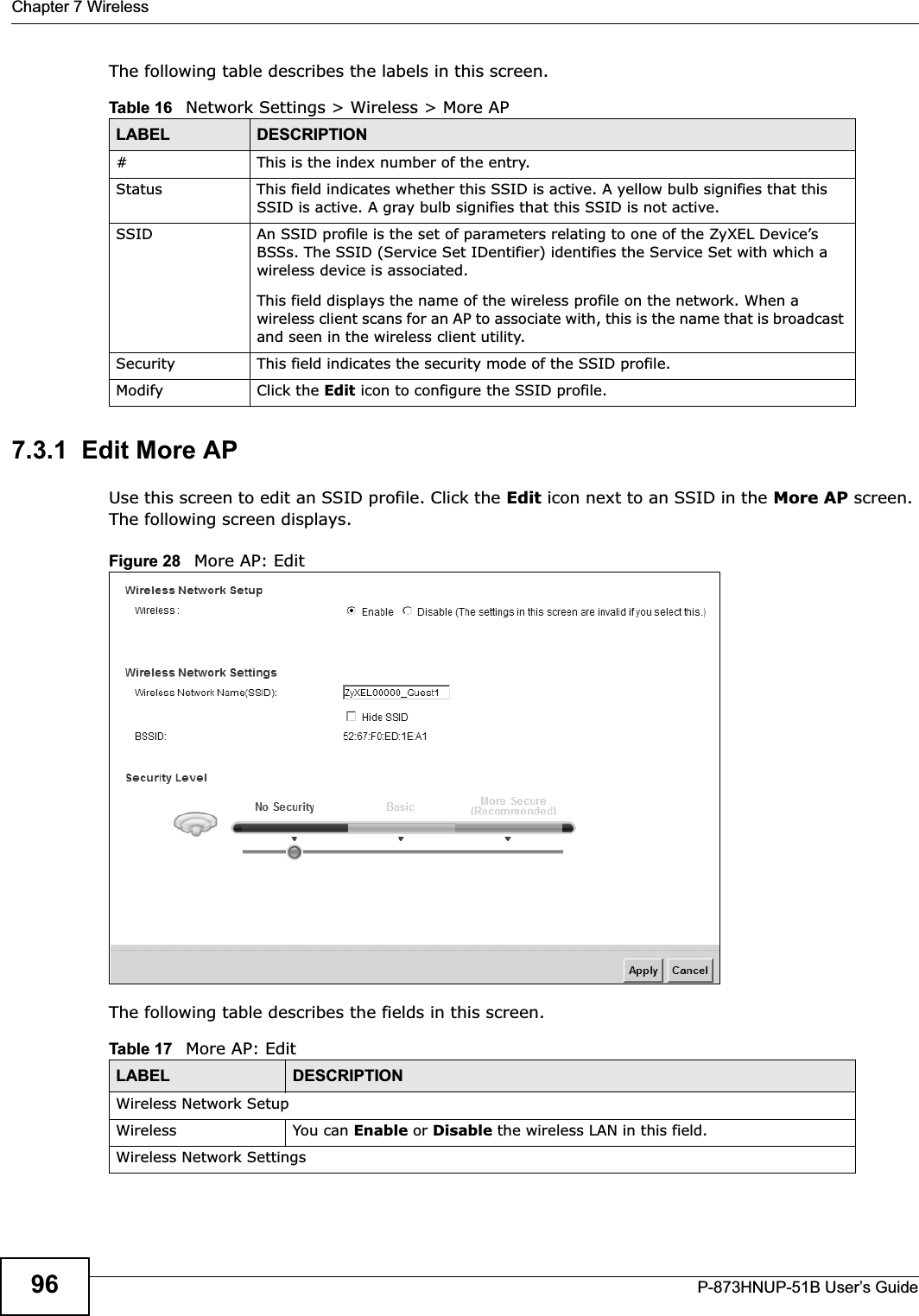 Chapter 7 WirelessP-873HNUP-51B User’s Guide96The following table describes the labels in this screen.7.3.1  Edit More AP Use this screen to edit an SSID profile. Click the Edit icon next to an SSID in the More AP screen. The following screen displays.Figure 28   More AP: EditThe following table describes the fields in this screen.Table 16   Network Settings &gt; Wireless &gt; More APLABEL DESCRIPTION# This is the index number of the entry. Status This field indicates whether this SSID is active. A yellow bulb signifies that this SSID is active. A gray bulb signifies that this SSID is not active.SSID An SSID profile is the set of parameters relating to one of the ZyXEL Device’s BSSs. The SSID (Service Set IDentifier) identifies the Service Set with which a wireless device is associated. This field displays the name of the wireless profile on the network. When a wireless client scans for an AP to associate with, this is the name that is broadcast and seen in the wireless client utility.Security This field indicates the security mode of the SSID profile.Modify Click the Edit icon to configure the SSID profile.Table 17   More AP: EditLABEL DESCRIPTIONWireless Network SetupWireless You can Enable or Disable the wireless LAN in this field.Wireless Network Settings