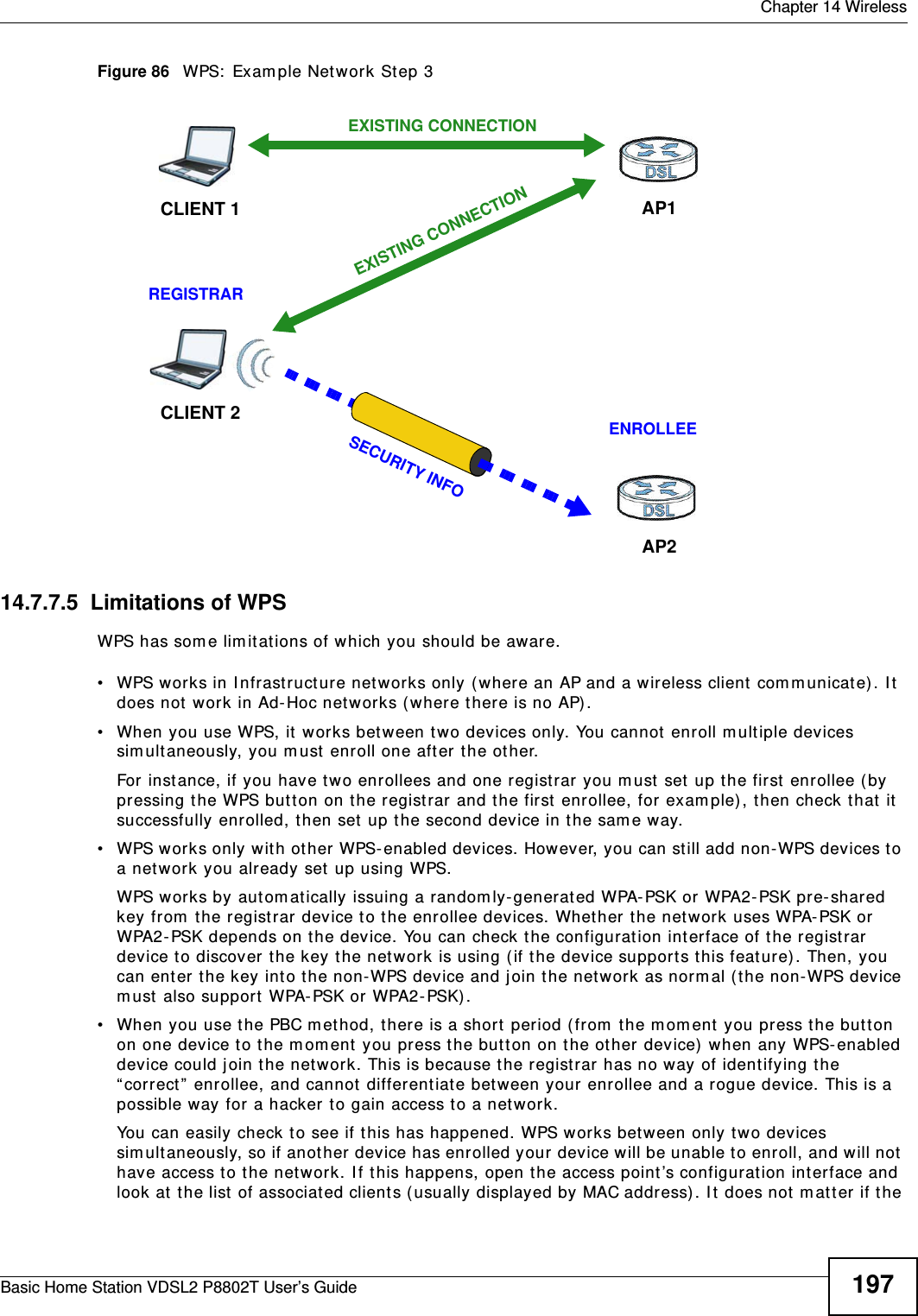  Chapter 14 WirelessBasic Home Station VDSL2 P8802T User’s Guide 197Figure 86   WPS:  Exam ple Net work St ep 314.7.7.5  Limitations of WPSWPS has som e lim itat ions of which you should be aware. • WPS works in I nfrastruct ure net works only ( where an AP and a wireless client  com m unicat e). I t does not work in Ad- Hoc net works ( wher e there is no AP) .• When you use WPS, it  works bet ween two devices only. You cannot enroll m ultiple devices sim ult aneously, you m ust enroll one aft er t he ot her. For  inst ance, if you have two enrollees and one regist rar you m ust set  up the first  enrollee ( by pressing the WPS butt on on the r egist rar and t he first  enrollee, for exam ple) , then check t hat it successfully enrolled, then set up the second device in the sam e way.• WPS works only wit h ot her WPS- enabled devices. However, you can st ill add non-WPS devices t o a net work you already set  up using WPS. WPS works by aut om atically issuing a random ly-generated WPA- PSK or WPA2- PSK pre- shared key from  t he regist rar device t o t he enrollee devices. Whether t he net work uses WPA-PSK or WPA2- PSK depends on t he device. You can check t he configurat ion int erface of the regist rar device t o discover the key the network is using (if t he device supports t his feature) . Then, you can ent er the key int o the non-WPS device and j oin the net work as norm al (t he non-WPS device m ust also support  WPA-PSK or WPA2- PSK) .• When you use the PBC m et hod, t here is a short period ( from  t he m om ent  you press t he butt on on one device t o the mom ent you press the butt on on the other device)  when any WPS- enabled device could join t he net work. This is because t he regist rar has no way of ident ifying t he “ correct ”  enrollee, and cannot different iate between your enrollee and a rogue device. This is a possible way for a hacker to gain access t o a network.You can easily check t o see if this has happened. WPS works bet ween only two devices sim ultaneously, so if another device has enrolled your device w ill be unable t o enroll, and will not  have access t o the network. I f this happens, open t he access point’s configuration interface and look at  t he list  of associat ed client s ( usually displayed by MAC address) . I t does not  m att er if the CLIENT 1 AP1REGISTRARCLIENT 2EXISTING CONNECTIONSECURITY INFOENROLLEEAP2EXISTING CONNECTION