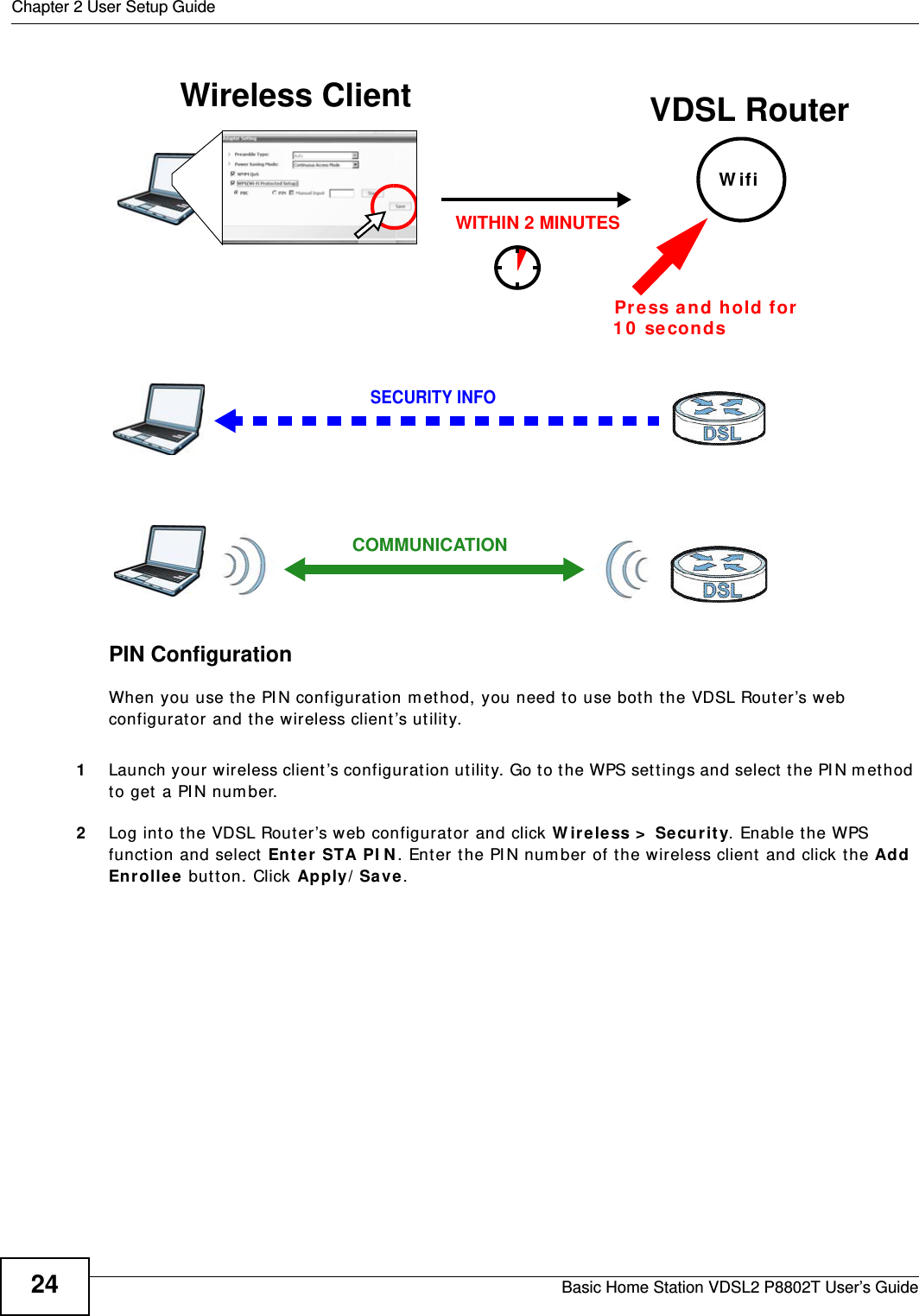 Chapter 2 User Setup GuideBasic Home Station VDSL2 P8802T User’s Guide24Example WPS Process: PBC MethodPIN ConfigurationWhen you use t he PI N configurat ion m ethod, you need t o use both t he VDSL Rout er’s web configurat or and the wireless client ’s utilit y.1Launch your wireless client’s configurat ion utility. Go to t he WPS set t ings and select  t he PI N m et hod to get a PI N num ber.   2Log int o the VDSL Router’s web configurat or and click W ire less &gt;  Se cur ity. Enable t he WPS funct ion and select  En ter  STA PI N. Ent er the PI N num ber of the w ireless client  and click the Add Enrollee  butt on. Click Apply / Sa ve .  Wireless Client VDSL RouterSECURITY INFOCOMMUNICATIONWITHIN 2 MINUTESPress an d hold for   1 0  se condsW ifi