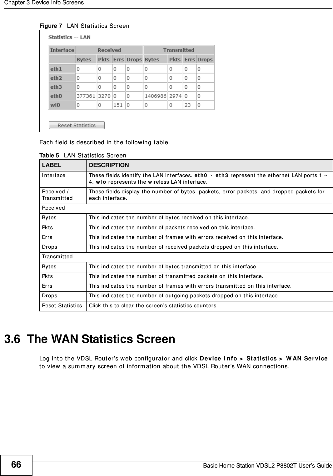 Chapter 3 Device Info ScreensBasic Home Station VDSL2 P8802T User’s Guide66Figure 7   LAN St at istics ScreenEach field is described in the following table.3.6  The WAN Statistics ScreenLog int o the VDSL Router’s web configurat or and click Device I nfo &gt;  St a t ist ics &gt;  W AN  Se rv ice to view a sum m ary screen of inform at ion about  the VDSL Router’s WAN connections.Table 5   LAN St atist ics ScreenLABEL DESCRIPTIONI nter face  These fields identify the LAN int erfaces. e t h0  ~  eth 3  represent the ethernet LAN ports 1 ~  4. w lo represent s t he wireless LAN interface.Received /  Tr a n s m i t t e dThese fields display t he num ber of bytes, packet s, error  packets, and dropped packet s for each inter face.ReceivedBy tes This indicat es the num ber of bytes received on this interface.Pkt s This indicates the num ber of packet s received on this int erface.Errs This indicates the num ber of fram es wit h errors received on this interface.Drops This indicates t he num ber  of received packet s dropped on this inter face.Tr a n s m i t t e dByt es This indicates t he num ber of byt es t ransm it ted on t his int erface.Pkt s This indicat es t he num ber of transm itted packets on this int erface.Errs This indicates the num ber of fram es wit h errors transm it ted on this int er face.Drops This indicates the num ber of outgoing packet s dropped on this int erface.Reset  Statistics Click this to clear t he screen’s statist ics counter s.