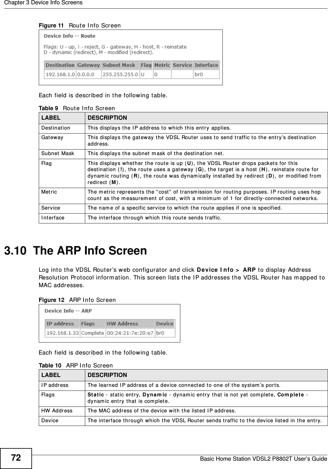 Chapter 3 Device Info ScreensBasic Home Station VDSL2 P8802T User’s Guide72Figure 11   Route I nfo ScreenEach field is described in the following table.3.10  The ARP Info ScreenLog int o the VDSL Router’s web configurat or and click Device  I nfo &gt;  ARP to display Address Resolution Prot ocol inform ation. This screen lists t he I P addresses the VDSL Router has m apped to MAC addresses.Figure 12   ARP I nfo ScreenEach field is described in the following table.Table 9   Rout e I nfo ScreenLABEL DESCRIPTIONDest inat ion This displays the I P address to which this entr y applies.Gat eway  This displays the gat ew ay  t he VDSL Router uses to send t raffic to t he ent ry’s destinat ion addr ess. Subnet  Mask  This displays t he subnet  m ask of the dest inat ion net .Flag  This displays whet her t he rout e is up ( U), t he VDSL Rout er drops packet s for t his dest ination (!) , the rout e uses a gateway  ( G), the target  is a host  ( H), reinst at e route for dynam ic rout ing ( R), t he rout e was dynam ically inst alled by redirect ( D), or m odified from  redirect  ( M) .Met ric  The m et r ic represent s the “ cost ”  of t ransm ission for rout ing purposes. I P rout ing uses hop count  as t he m easurem ent  of cost , w it h a m inim um  of 1 for  directly- connect ed networks.Service  The nam e of a specific serv ice t o which the rout e applies if one is specified.I nter face The int erface t hrough which this rout e sends t raffic.Table 10   ARP I nfo ScreenLABEL DESCRIPTIONI P addr ess The learned I P address of a device connect ed t o one of t he syst em ’s ports.Flags  St at ic -  st at ic ent ry, Dyna m ic -  dynam ic entry t hat is not  yet  com plet e, Com p let e  -  dynamic entr y t hat  is com plet e.HW Addr ess  The MAC address of the device wit h t he listed I P address.Device  The interface through which the VDSL Router sends traffic to t he device listed in the entry.