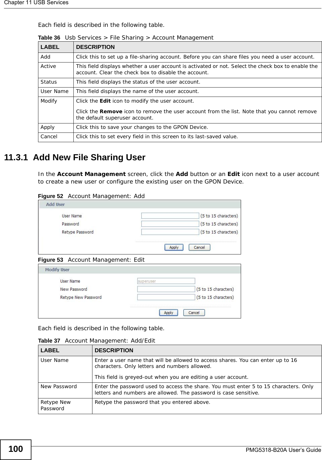 Chapter 11 USB ServicesPMG5318-B20A User’s Guide100Each field is described in the following table.11.3.1  Add New File Sharing UserIn the Account Management screen, click the Add button or an Edit icon next to a user account to create a new user or configure the existing user on the GPON Device. Figure 52   Account Management: AddFigure 53   Account Management: EditEach field is described in the following table.Table 36   Usb Services &gt; File Sharing &gt; Account Management LABEL DESCRIPTIONAdd Click this to set up a file-sharing account. Before you can share files you need a user account.Active This field displays whether a user account is activated or not. Select the check box to enable the account. Clear the check box to disable the account.Status This field displays the status of the user account.User Name This field displays the name of the user account.Modify Click the Edit icon to modify the user account.Click the Remove icon to remove the user account from the list. Note that you cannot remove the default superuser account.Apply Click this to save your changes to the GPON Device.Cancel Click this to set every field in this screen to its last-saved value.Table 37   Account Management: Add/Edit LABEL DESCRIPTIONUser Name Enter a user name that will be allowed to access shares. You can enter up to 16 characters. Only letters and numbers allowed. This field is greyed-out when you are editing a user account.New Password Enter the password used to access the share. You must enter 5 to 15 characters. Only letters and numbers are allowed. The password is case sensitive.Retype New Password Retype the password that you entered above.