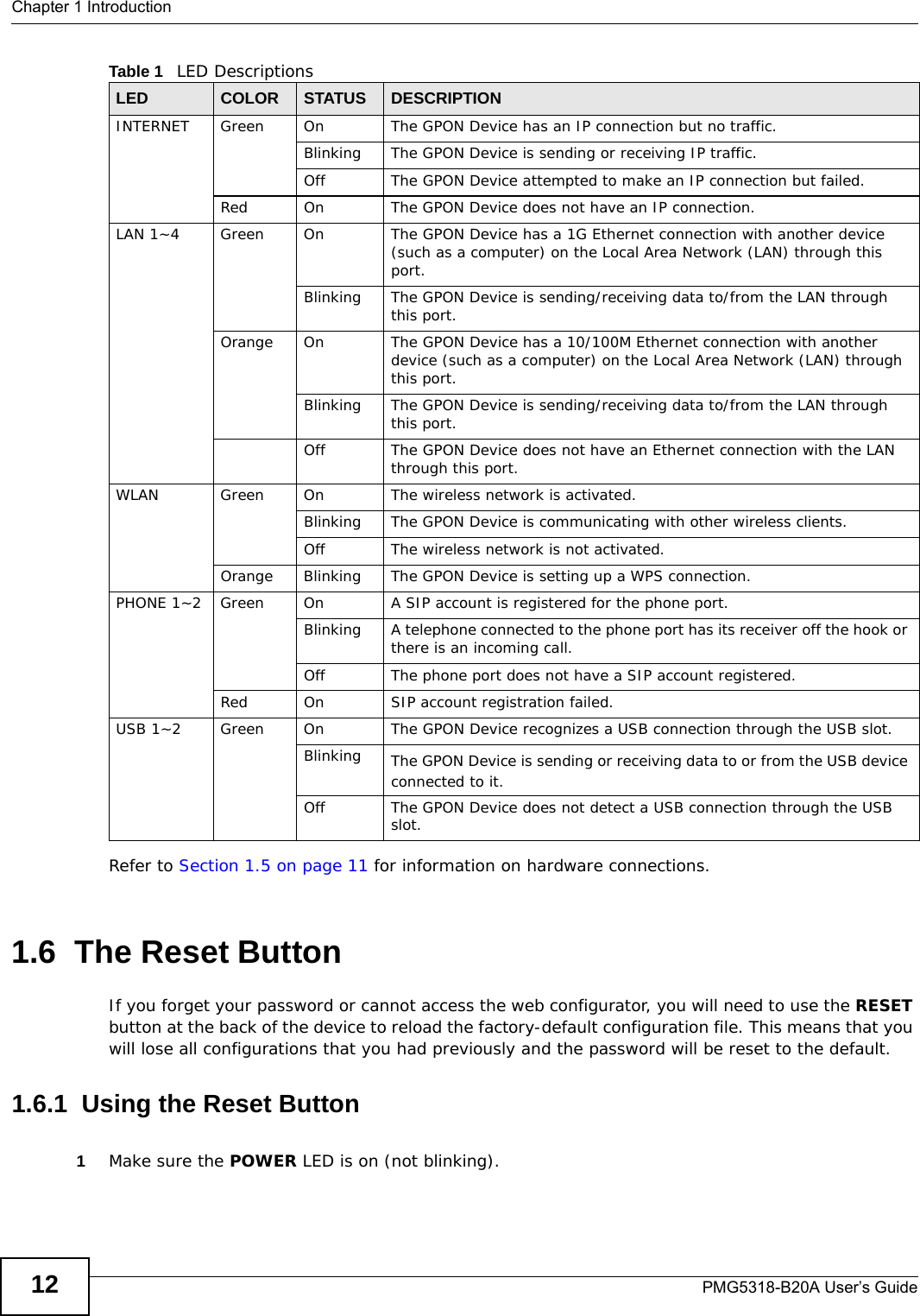 Chapter 1 IntroductionPMG5318-B20A User’s Guide12Refer to Section 1.5 on page 11 for information on hardware connections. 1.6  The Reset ButtonIf you forget your password or cannot access the web configurator, you will need to use the RESET button at the back of the device to reload the factory-default configuration file. This means that you will lose all configurations that you had previously and the password will be reset to the default.1.6.1  Using the Reset Button1Make sure the POWER LED is on (not blinking).INTERNET Green On The GPON Device has an IP connection but no traffic.Blinking The GPON Device is sending or receiving IP traffic.Off The GPON Device attempted to make an IP connection but failed.Red On The GPON Device does not have an IP connection.LAN 1~4 Green On The GPON Device has a 1G Ethernet connection with another device (such as a computer) on the Local Area Network (LAN) through this port.Blinking The GPON Device is sending/receiving data to/from the LAN through this port.Orange On The GPON Device has a 10/100M Ethernet connection with another device (such as a computer) on the Local Area Network (LAN) through this port.Blinking The GPON Device is sending/receiving data to/from the LAN through this port.Off The GPON Device does not have an Ethernet connection with the LAN through this port.WLAN Green On The wireless network is activated.Blinking The GPON Device is communicating with other wireless clients.Off The wireless network is not activated.Orange Blinking The GPON Device is setting up a WPS connection.PHONE 1~2 Green On A SIP account is registered for the phone port.Blinking A telephone connected to the phone port has its receiver off the hook or there is an incoming call.Off The phone port does not have a SIP account registered.Red On SIP account registration failed.USB 1~2 Green On The GPON Device recognizes a USB connection through the USB slot.Blinking The GPON Device is sending or receiving data to or from the USB device connected to it.Off The GPON Device does not detect a USB connection through the USB slot.Table 1   LED DescriptionsLED COLOR STATUS DESCRIPTION