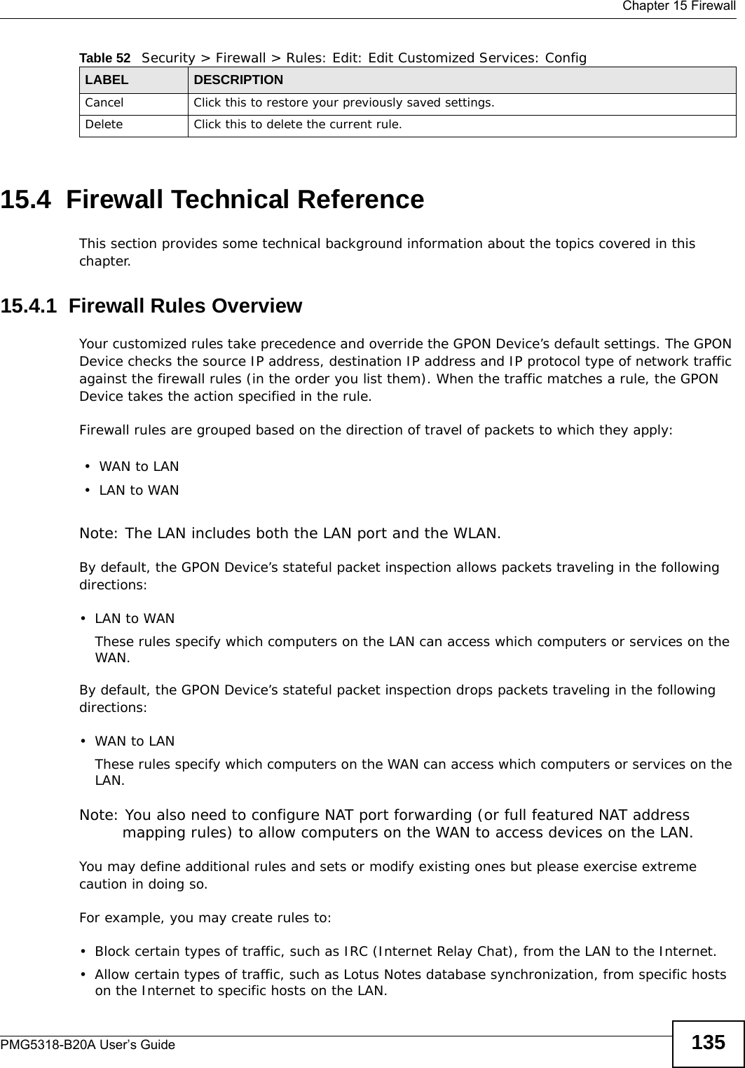  Chapter 15 FirewallPMG5318-B20A User’s Guide 13515.4  Firewall Technical ReferenceThis section provides some technical background information about the topics covered in this chapter.15.4.1  Firewall Rules OverviewYour customized rules take precedence and override the GPON Device’s default settings. The GPON Device checks the source IP address, destination IP address and IP protocol type of network traffic against the firewall rules (in the order you list them). When the traffic matches a rule, the GPON Device takes the action specified in the rule. Firewall rules are grouped based on the direction of travel of packets to which they apply: Note: The LAN includes both the LAN port and the WLAN.By default, the GPON Device’s stateful packet inspection allows packets traveling in the following directions:•LAN to WANThese rules specify which computers on the LAN can access which computers or services on the WAN.By default, the GPON Device’s stateful packet inspection drops packets traveling in the following directions:•WAN to LANThese rules specify which computers on the WAN can access which computers or services on the LAN. Note: You also need to configure NAT port forwarding (or full featured NAT address mapping rules) to allow computers on the WAN to access devices on the LAN.You may define additional rules and sets or modify existing ones but please exercise extreme caution in doing so.For example, you may create rules to:• Block certain types of traffic, such as IRC (Internet Relay Chat), from the LAN to the Internet.• Allow certain types of traffic, such as Lotus Notes database synchronization, from specific hosts on the Internet to specific hosts on the LAN.Cancel Click this to restore your previously saved settings.Delete Click this to delete the current rule.Table 52   Security &gt; Firewall &gt; Rules: Edit: Edit Customized Services: ConfigLABEL DESCRIPTION•WAN to LAN•LAN to WAN