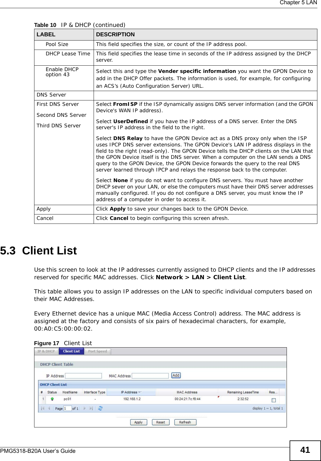  Chapter 5 LANPMG5318-B20A User’s Guide 415.3  Client ListUse this screen to look at the IP addresses currently assigned to DHCP clients and the IP addresses reserved for specific MAC addresses. Click Network &gt; LAN &gt; Client List.This table allows you to assign IP addresses on the LAN to specific individual computers based on their MAC Addresses. Every Ethernet device has a unique MAC (Media Access Control) address. The MAC address is assigned at the factory and consists of six pairs of hexadecimal characters, for example, 00:A0:C5:00:00:02.Figure 17   Client List  Pool Size This field specifies the size, or count of the IP address pool.DHCP Lease Time This field specifies the lease time in seconds of the IP address assigned by the DHCP server.Enable DHCP option 43 Select this and type the Vender specific information you want the GPON Device to add in the DHCP Offer packets. The information is used, for example, for configuring an ACS’s (Auto Configuration Server) URL.DNS ServerFirst DNS ServerSecond DNS ServerThird DNS ServerSelect FromISP if the ISP dynamically assigns DNS server information (and the GPON Device&apos;s WAN IP address).Select UserDefined if you have the IP address of a DNS server. Enter the DNS server&apos;s IP address in the field to the right.Select DNS Relay to have the GPON Device act as a DNS proxy only when the ISP uses IPCP DNS server extensions. The GPON Device&apos;s LAN IP address displays in the field to the right (read-only). The GPON Device tells the DHCP clients on the LAN that the GPON Device itself is the DNS server. When a computer on the LAN sends a DNS query to the GPON Device, the GPON Device forwards the query to the real DNS server learned through IPCP and relays the response back to the computer.Select None if you do not want to configure DNS servers. You must have another DHCP sever on your LAN, or else the computers must have their DNS server addresses manually configured. If you do not configure a DNS server, you must know the IP address of a computer in order to access it.Apply Click Apply to save your changes back to the GPON Device.Cancel Click Cancel to begin configuring this screen afresh.Table 10   IP &amp; DHCP (continued)LABEL DESCRIPTION
