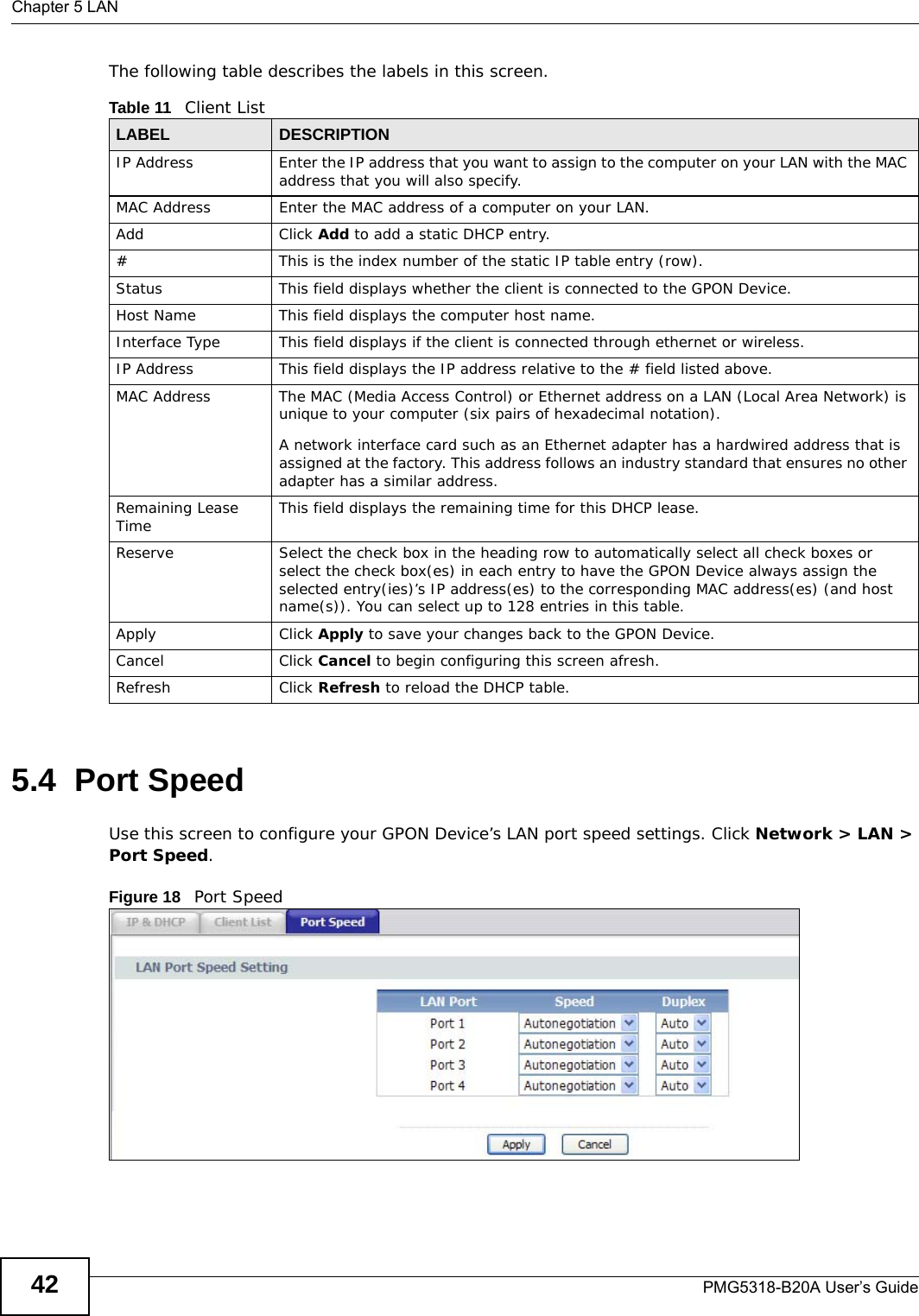 Chapter 5 LANPMG5318-B20A User’s Guide42The following table describes the labels in this screen. 5.4  Port SpeedUse this screen to configure your GPON Device’s LAN port speed settings. Click Network &gt; LAN &gt; Port Speed.Figure 18   Port Speed  Table 11   Client ListLABEL DESCRIPTIONIP Address Enter the IP address that you want to assign to the computer on your LAN with the MAC address that you will also specify.MAC Address Enter the MAC address of a computer on your LAN.Add Click Add to add a static DHCP entry. # This is the index number of the static IP table entry (row).Status This field displays whether the client is connected to the GPON Device.Host Name  This field displays the computer host name.Interface Type This field displays if the client is connected through ethernet or wireless.IP Address This field displays the IP address relative to the # field listed above.MAC Address The MAC (Media Access Control) or Ethernet address on a LAN (Local Area Network) is unique to your computer (six pairs of hexadecimal notation).A network interface card such as an Ethernet adapter has a hardwired address that is assigned at the factory. This address follows an industry standard that ensures no other adapter has a similar address.Remaining Lease Time This field displays the remaining time for this DHCP lease.Reserve Select the check box in the heading row to automatically select all check boxes or select the check box(es) in each entry to have the GPON Device always assign the selected entry(ies)’s IP address(es) to the corresponding MAC address(es) (and host name(s)). You can select up to 128 entries in this table.  Apply Click Apply to save your changes back to the GPON Device.Cancel Click Cancel to begin configuring this screen afresh.Refresh Click Refresh to reload the DHCP table.