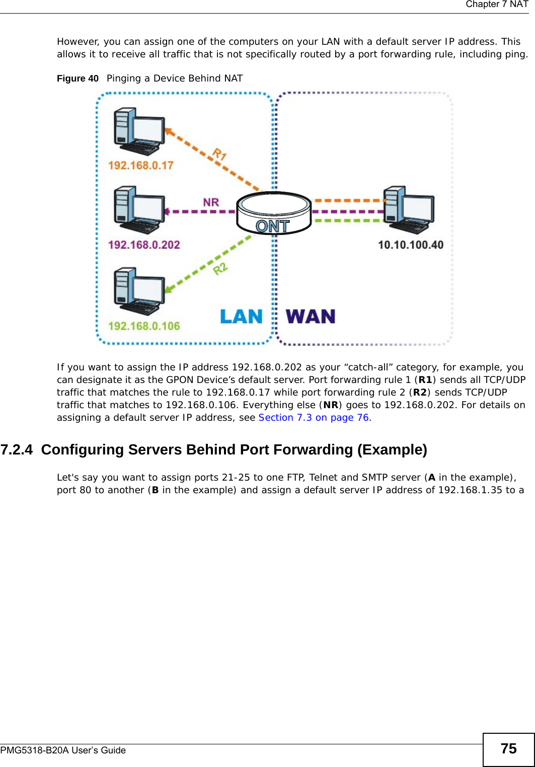  Chapter 7 NATPMG5318-B20A User’s Guide 75However, you can assign one of the computers on your LAN with a default server IP address. This allows it to receive all traffic that is not specifically routed by a port forwarding rule, including ping.Figure 40   Pinging a Device Behind NATIf you want to assign the IP address 192.168.0.202 as your “catch-all” category, for example, you can designate it as the GPON Device’s default server. Port forwarding rule 1 (R1) sends all TCP/UDP traffic that matches the rule to 192.168.0.17 while port forwarding rule 2 (R2) sends TCP/UDP traffic that matches to 192.168.0.106. Everything else (NR) goes to 192.168.0.202. For details on assigning a default server IP address, see Section 7.3 on page 76.7.2.4  Configuring Servers Behind Port Forwarding (Example)Let&apos;s say you want to assign ports 21-25 to one FTP, Telnet and SMTP server (A in the example), port 80 to another (B in the example) and assign a default server IP address of 192.168.1.35 to a 