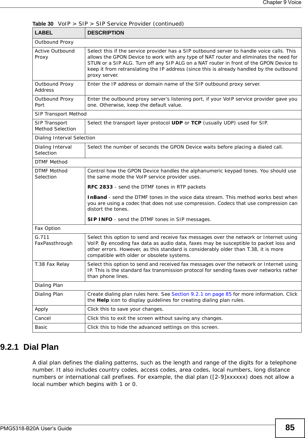  Chapter 9 VoicePMG5318-B20A User’s Guide 859.2.1  Dial PlanA dial plan defines the dialing patterns, such as the length and range of the digits for a telephone number. It also includes country codes, access codes, area codes, local numbers, long distance numbers or international call prefixes. For example, the dial plan ([2-9]xxxxxx) does not allow a local number which begins with 1 or 0.Outbound ProxyActive Outbound Proxy Select this if the service provider has a SIP outbound server to handle voice calls. This allows the GPON Device to work with any type of NAT router and eliminates the need for STUN or a SIP ALG. Turn off any SIP ALG on a NAT router in front of the GPON Device to keep it from retranslating the IP address (since this is already handled by the outbound proxy server.Outbound Proxy Address Enter the IP address or domain name of the SIP outbound proxy server.Outbound Proxy Port Enter the outbound proxy server’s listening port, if your VoIP service provider gave you one. Otherwise, keep the default value.SIP Transport MethodSIP Transport Method Selection Select the transport layer protocol UDP or TCP (usually UDP) used for SIP.Dialing Interval SelectionDialing Interval Selection Select the number of seconds the GPON Device waits before placing a dialed call.DTMF MethodDTMF Mothod Selection Control how the GPON Device handles the alphanumeric keypad tones. You should use the same mode the VoIP service provider uses.RFC 2833 - send the DTMF tones in RTP packetsInBand - send the DTMF tones in the voice data stream. This method works best when you are using a codec that does not use compression. Codecs that use compression can distort the tones.SIP INFO - send the DTMF tones in SIP messages.Fax OptionG.711 FaxPassthrough Select this option to send and receive fax messages over the network or Internet using VoIP. By encoding fax data as audio data, faxes may be susceptible to packet loss and other errors. However, as this standard is considerably older than T.38, it is more compatible with older or obsolete systems.T.38 Fax Relay Select this option to send and received fax messages over the network or Internet using IP. This is the standard fax transmission protocol for sending faxes over networks rather than phone lines.Dialing PlanDialing Plan Create dialing plan rules here. See Section 9.2.1 on page 85 for more information. Click the Help icon to display guidelines for creating dialing plan rules.Apply Click this to save your changes.Cancel Click this to exit the screen without saving any changes.Basic Click this to hide the advanced settings on this screen.Table 30   VoIP &gt; SIP &gt; SIP Service Provider (continued)LABEL DESCRIPTION