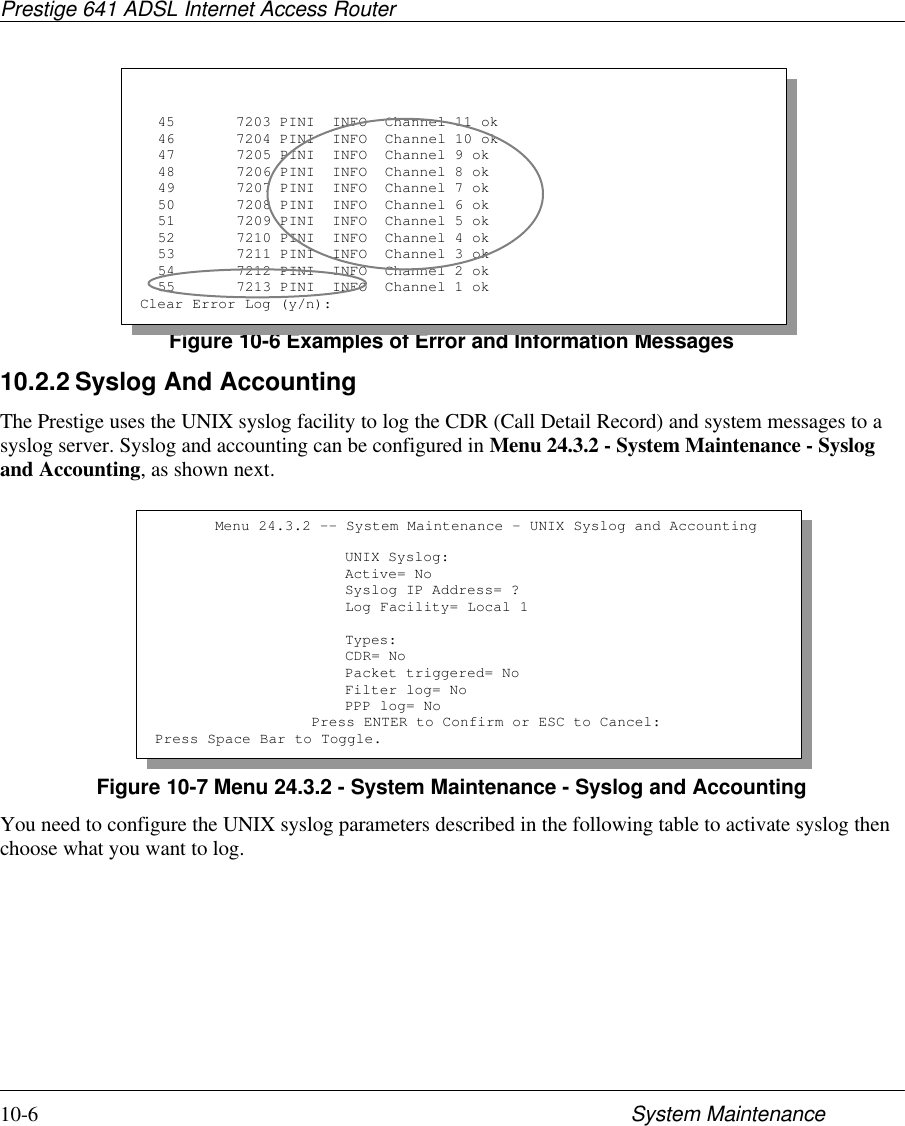 Prestige 641 ADSL Internet Access Router10-6 System MaintenanceFigure 10-6 Examples of Error and Information Messages10.2.2 Syslog And AccountingThe Prestige uses the UNIX syslog facility to log the CDR (Call Detail Record) and system messages to asyslog server. Syslog and accounting can be configured in Menu 24.3.2 - System Maintenance - Syslogand Accounting, as shown next.Figure 10-7 Menu 24.3.2 - System Maintenance - Syslog and AccountingYou need to configure the UNIX syslog parameters described in the following table to activate syslog thenchoose what you want to log.  45       7203 PINI  INFO  Channel 11 ok  46       7204 PINI  INFO  Channel 10 ok  47       7205 PINI  INFO  Channel 9 ok  48       7206 PINI  INFO  Channel 8 ok  49       7207 PINI  INFO  Channel 7 ok  50       7208 PINI  INFO  Channel 6 ok  51       7209 PINI  INFO  Channel 5 ok  52       7210 PINI  INFO  Channel 4 ok  53       7211 PINI  INFO  Channel 3 ok  54       7212 PINI  INFO  Channel 2 ok  55       7213 PINI  INFO  Channel 1 okClear Error Log (y/n):Menu 24.3.2 -- System Maintenance - UNIX Syslog and AccountingUNIX Syslog:Active= NoSyslog IP Address= ?Log Facility= Local 1Types:CDR= NoPacket triggered= NoFilter log= NoPPP log= NoPress ENTER to Confirm or ESC to Cancel:Press Space Bar to Toggle.