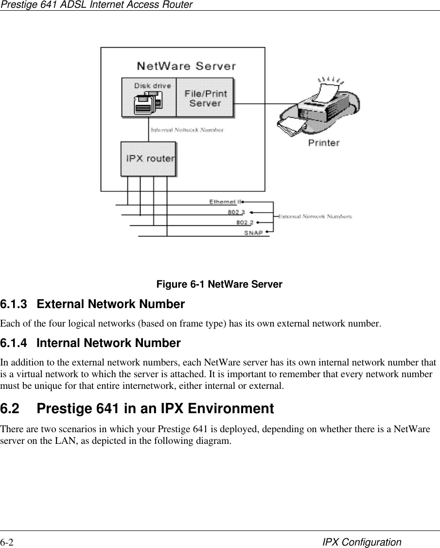 Prestige 641 ADSL Internet Access Router6-2 IPX ConfigurationFigure 6-1 NetWare Server6.1.3 External Network NumberEach of the four logical networks (based on frame type) has its own external network number.6.1.4 Internal Network NumberIn addition to the external network numbers, each NetWare server has its own internal network number thatis a virtual network to which the server is attached. It is important to remember that every network numbermust be unique for that entire internetwork, either internal or external.6.2 Prestige 641 in an IPX EnvironmentThere are two scenarios in which your Prestige 641 is deployed, depending on whether there is a NetWareserver on the LAN, as depicted in the following diagram.