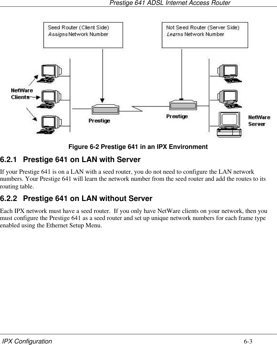                                     Prestige 641 ADSL Internet Access Router IPX Configuration 6-3Figure 6-2 Prestige 641 in an IPX Environment6.2.1 Prestige 641 on LAN with ServerIf your Prestige 641 is on a LAN with a seed router, you do not need to configure the LAN networknumbers. Your Prestige 641 will learn the network number from the seed router and add the routes to itsrouting table.6.2.2 Prestige 641 on LAN without ServerEach IPX network must have a seed router.  If you only have NetWare clients on your network, then youmust configure the Prestige 641 as a seed router and set up unique network numbers for each frame typeenabled using the Ethernet Setup Menu.