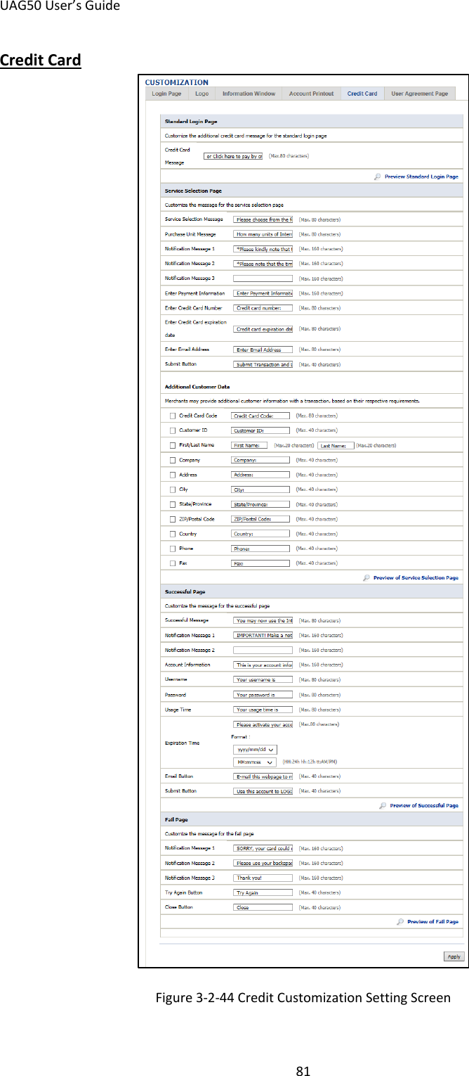 UAG50 User’s Guide 81  Credit Card Figure 3-2-44 Credit Customization Setting Screen  