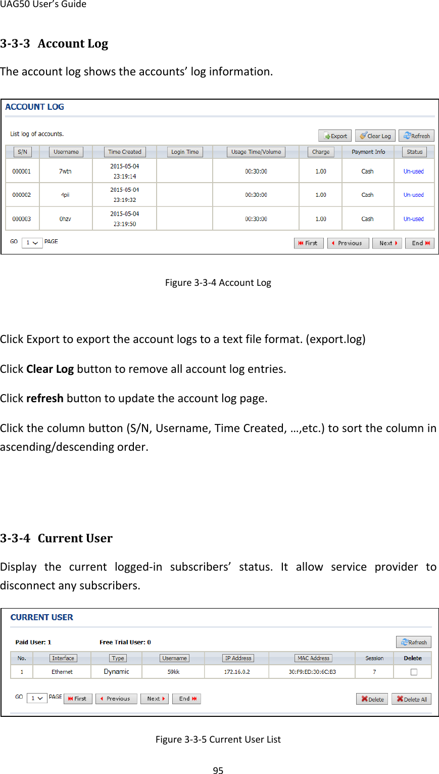 UAG50 User’s Guide 95 3-3-3 Account Log The account log shows the accounts’ log information.  Figure 3-3-4 Account Log  Click Export to export the account logs to a text file format. (export.log) Click Clear Log button to remove all account log entries. Click refresh button to update the account log page. Click the column button (S/N, Username, Time Created, …,etc.) to sort the column in ascending/descending order.   3-3-4 Current User Display the current logged-in subscribers’ status. It allow service provider to disconnect any subscribers.  Figure 3-3-5 Current User List 