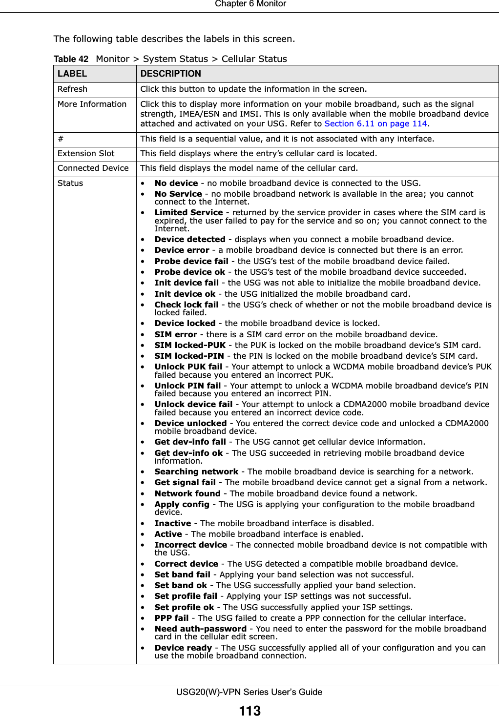  Chapter 6 MonitorUSG20(W)-VPN Series User’s Guide113The following table describes the labels in this screen.Table 42   Monitor &gt; System Status &gt; Cellular StatusLABEL DESCRIPTIONRefresh Click this button to update the information in the screen.More Information Click this to display more information on your mobile broadband, such as the signal strength, IMEA/ESN and IMSI. This is only available when the mobile broadband device attached and activated on your USG. Refer to Section 6.11 on page 114.#This field is a sequential value, and it is not associated with any interface.Extension Slot This field displays where the entry’s cellular card is located.Connected Device This field displays the model name of the cellular card.Status • No device - no mobile broadband device is connected to the USG.•No Service - no mobile broadband network is available in the area; you cannot connect to the Internet.•Limited Service - returned by the service provider in cases where the SIM card is expired, the user failed to pay for the service and so on; you cannot connect to the Internet.•Device detected - displays when you connect a mobile broadband device.•Device error - a mobile broadband device is connected but there is an error.•Probe device fail - the USG’s test of the mobile broadband device failed.•Probe device ok - the USG’s test of the mobile broadband device succeeded.•Init device fail - the USG was not able to initialize the mobile broadband device.•Init device ok - the USG initialized the mobile broadband card.•Check lock fail - the USG’s check of whether or not the mobile broadband device is locked failed. •Device locked - the mobile broadband device is locked.•SIM error - there is a SIM card error on the mobile broadband device.•SIM locked-PUK - the PUK is locked on the mobile broadband device’s SIM card.•SIM locked-PIN - the PIN is locked on the mobile broadband device’s SIM card.•Unlock PUK fail - Your attempt to unlock a WCDMA mobile broadband device’s PUK failed because you entered an incorrect PUK.•Unlock PIN fail - Your attempt to unlock a WCDMA mobile broadband device’s PIN failed because you entered an incorrect PIN. •Unlock device fail - Your attempt to unlock a CDMA2000 mobile broadband device failed because you entered an incorrect device code. •Device unlocked - You entered the correct device code and unlocked a CDMA2000 mobile broadband device.•Get dev-info fail - The USG cannot get cellular device information.•Get dev-info ok - The USG succeeded in retrieving mobile broadband device information.•Searching network - The mobile broadband device is searching for a network.•Get signal fail - The mobile broadband device cannot get a signal from a network. •Network found - The mobile broadband device found a network.•Apply config - The USG is applying your configuration to the mobile broadband device.•Inactive - The mobile broadband interface is disabled.•Active - The mobile broadband interface is enabled.•Incorrect device - The connected mobile broadband device is not compatible with the USG.•Correct device - The USG detected a compatible mobile broadband device.•Set band fail - Applying your band selection was not successful.•Set band ok - The USG successfully applied your band selection.•Set profile fail - Applying your ISP settings was not successful.•Set profile ok - The USG successfully applied your ISP settings.•PPP fail - The USG failed to create a PPP connection for the cellular interface.•Need auth-password - You need to enter the password for the mobile broadband card in the cellular edit screen.•Device ready - The USG successfully applied all of your configuration and you can use the mobile broadband connection. 