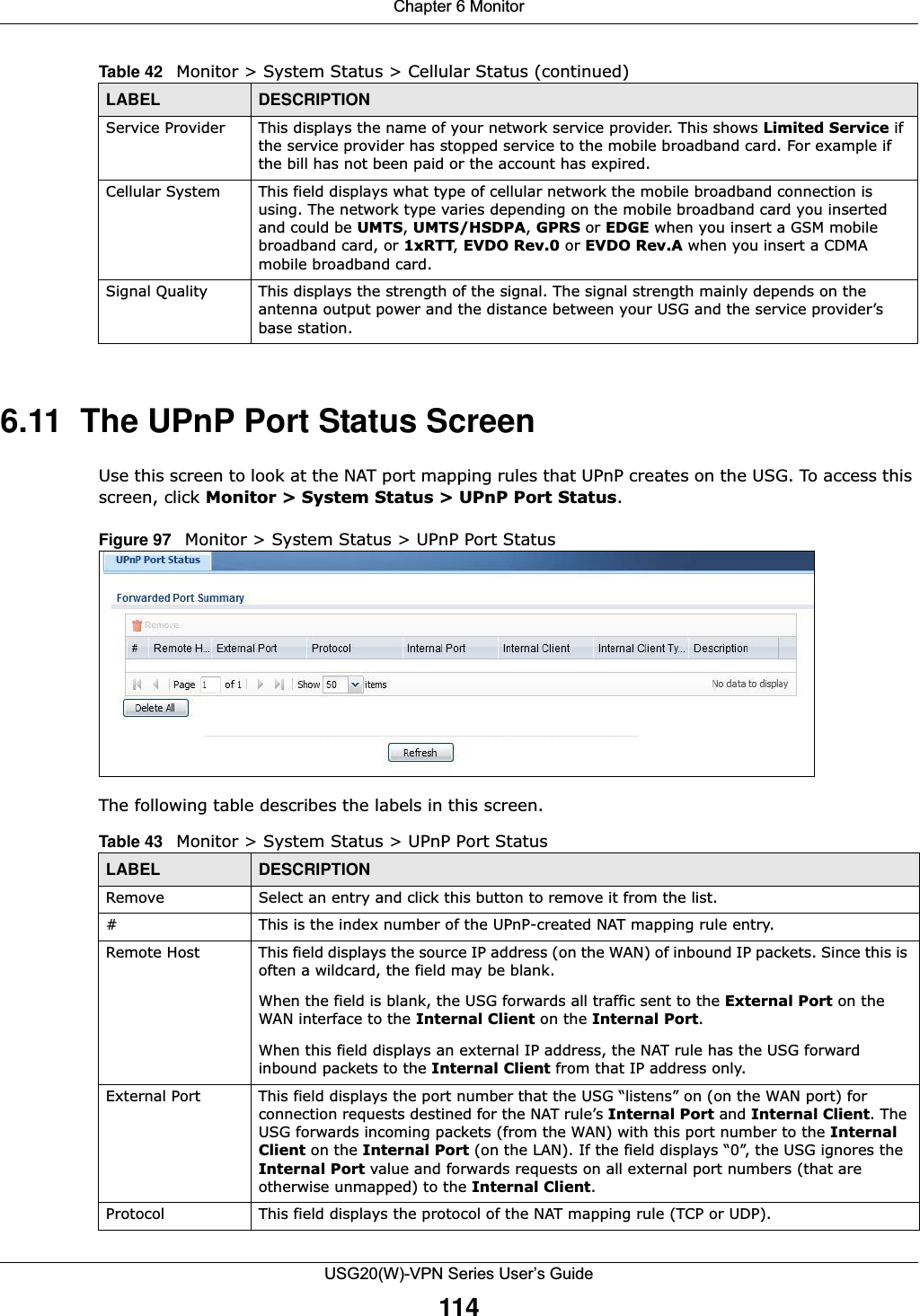 Chapter 6 MonitorUSG20(W)-VPN Series User’s Guide1146.11  The UPnP Port Status Screen Use this screen to look at the NAT port mapping rules that UPnP creates on the USG. To access this screen, click Monitor &gt; System Status &gt; UPnP Port Status.Figure 97   Monitor &gt; System Status &gt; UPnP Port StatusThe following table describes the labels in this screen. Service Provider This displays the name of your network service provider. This shows Limited Service if the service provider has stopped service to the mobile broadband card. For example if the bill has not been paid or the account has expired. Cellular System This field displays what type of cellular network the mobile broadband connection is using. The network type varies depending on the mobile broadband card you inserted and could be UMTS, UMTS/HSDPA, GPRS or EDGE when you insert a GSM mobile broadband card, or 1xRTT, EVDO Rev.0 or EVDO Rev.A when you insert a CDMA mobile broadband card.Signal Quality This displays the strength of the signal. The signal strength mainly depends on the antenna output power and the distance between your USG and the service provider’s base station. Table 42   Monitor &gt; System Status &gt; Cellular Status (continued)LABEL DESCRIPTIONTable 43   Monitor &gt; System Status &gt; UPnP Port StatusLABEL DESCRIPTIONRemove Select an entry and click this button to remove it from the list.# This is the index number of the UPnP-created NAT mapping rule entry.Remote Host This field displays the source IP address (on the WAN) of inbound IP packets. Since this is often a wildcard, the field may be blank.When the field is blank, the USG forwards all traffic sent to the External Port on the WAN interface to the Internal Client on the Internal Port. When this field displays an external IP address, the NAT rule has the USG forward inbound packets to the Internal Client from that IP address only. External Port This field displays the port number that the USG “listens” on (on the WAN port) for connection requests destined for the NAT rule’s Internal Port and Internal Client. The USG forwards incoming packets (from the WAN) with this port number to the Internal Client on the Internal Port (on the LAN). If the field displays “0”, the USG ignores the Internal Port value and forwards requests on all external port numbers (that are otherwise unmapped) to the Internal Client.Protocol This field displays the protocol of the NAT mapping rule (TCP or UDP). 