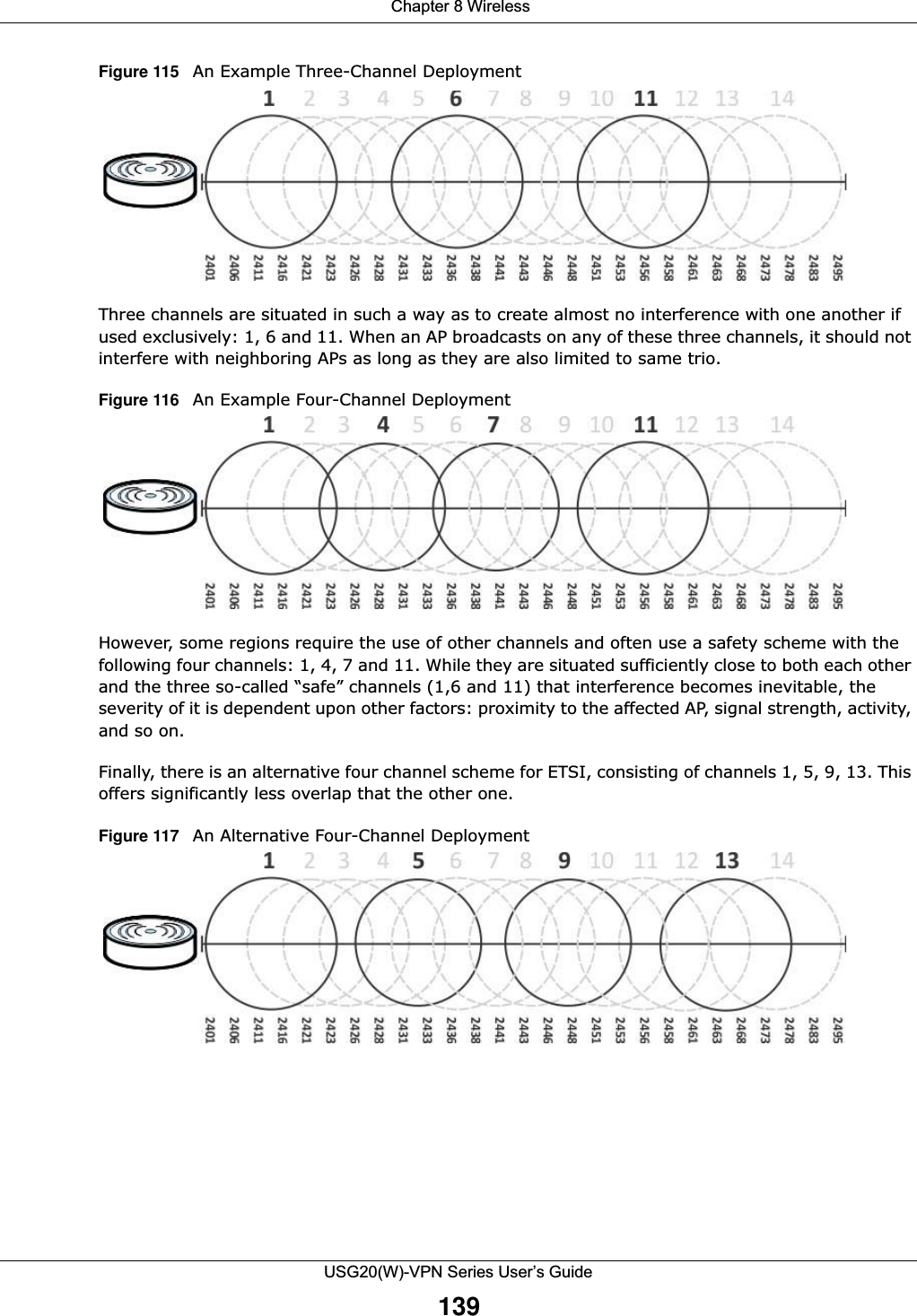  Chapter 8 WirelessUSG20(W)-VPN Series User’s Guide139Figure 115   An Example Three-Channel DeploymentThree channels are situated in such a way as to create almost no interference with one another if used exclusively: 1, 6 and 11. When an AP broadcasts on any of these three channels, it should not interfere with neighboring APs as long as they are also limited to same trio.Figure 116   An Example Four-Channel DeploymentHowever, some regions require the use of other channels and often use a safety scheme with the following four channels: 1, 4, 7 and 11. While they are situated sufficiently close to both each other and the three so-called “safe” channels (1,6 and 11) that interference becomes inevitable, the severity of it is dependent upon other factors: proximity to the affected AP, signal strength, activity, and so on.Finally, there is an alternative four channel scheme for ETSI, consisting of channels 1, 5, 9, 13. This offers significantly less overlap that the other one.Figure 117   An Alternative Four-Channel Deployment