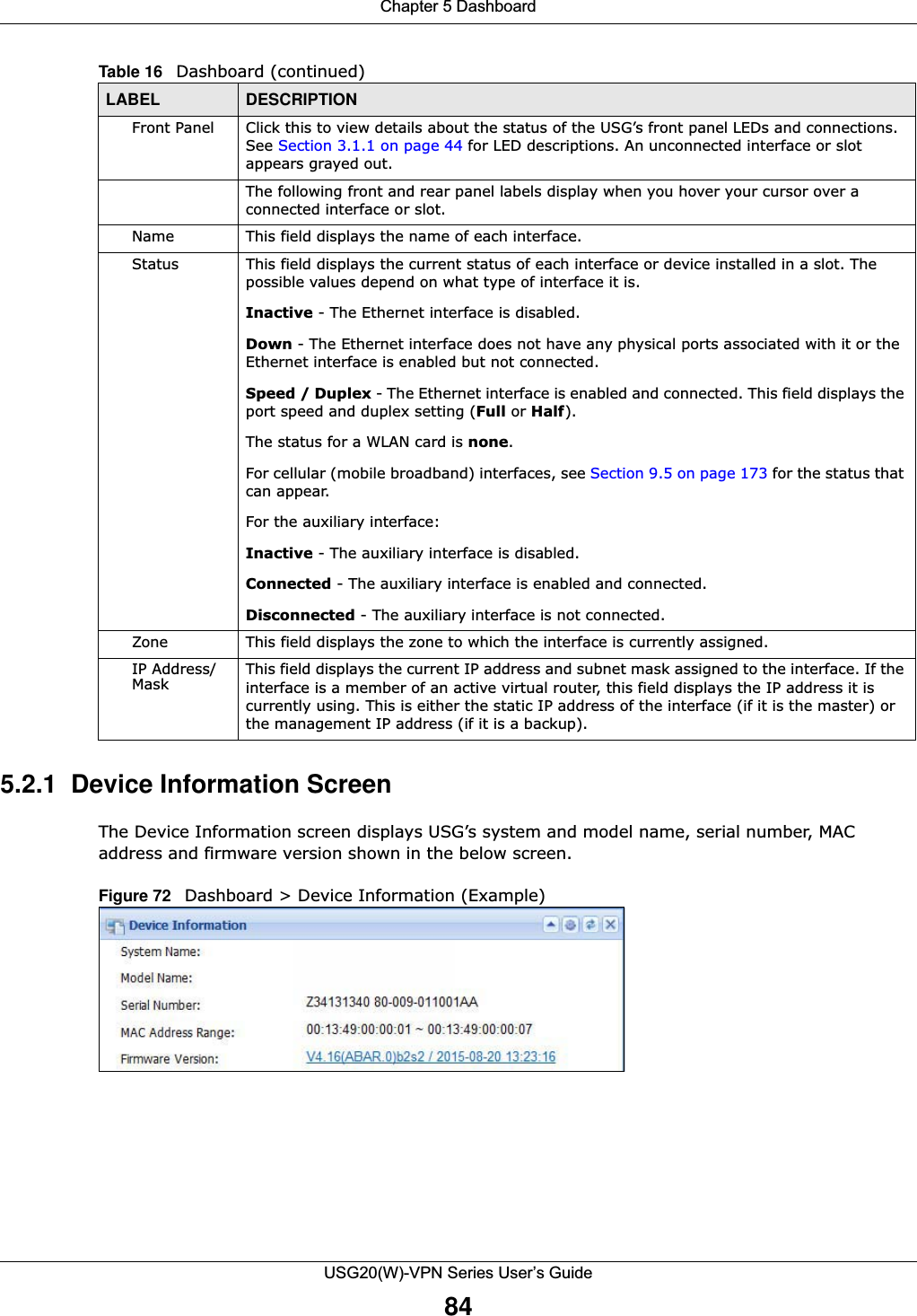 Chapter 5 DashboardUSG20(W)-VPN Series User’s Guide845.2.1  Device Information ScreenThe Device Information screen displays USG’s system and model name, serial number, MAC address and firmware version shown in the below screen.Figure 72   Dashboard &gt; Device Information (Example)Front Panel Click this to view details about the status of the USG’s front panel LEDs and connections. See Section 3.1.1 on page 44 for LED descriptions. An unconnected interface or slot appears grayed out.The following front and rear panel labels display when you hover your cursor over a connected interface or slot.Name This field displays the name of each interface. Status This field displays the current status of each interface or device installed in a slot. The possible values depend on what type of interface it is.Inactive - The Ethernet interface is disabled.Down - The Ethernet interface does not have any physical ports associated with it or the Ethernet interface is enabled but not connected.Speed / Duplex - The Ethernet interface is enabled and connected. This field displays the port speed and duplex setting (Full or Half).The status for a WLAN card is none.For cellular (mobile broadband) interfaces, see Section 9.5 on page 173 for the status that can appear.For the auxiliary interface:Inactive - The auxiliary interface is disabled.Connected - The auxiliary interface is enabled and connected. Disconnected - The auxiliary interface is not connected.  Zone This field displays the zone to which the interface is currently assigned.IP Address/Mask This field displays the current IP address and subnet mask assigned to the interface. If the interface is a member of an active virtual router, this field displays the IP address it is currently using. This is either the static IP address of the interface (if it is the master) or the management IP address (if it is a backup).Table 16   Dashboard (continued)LABEL DESCRIPTION
