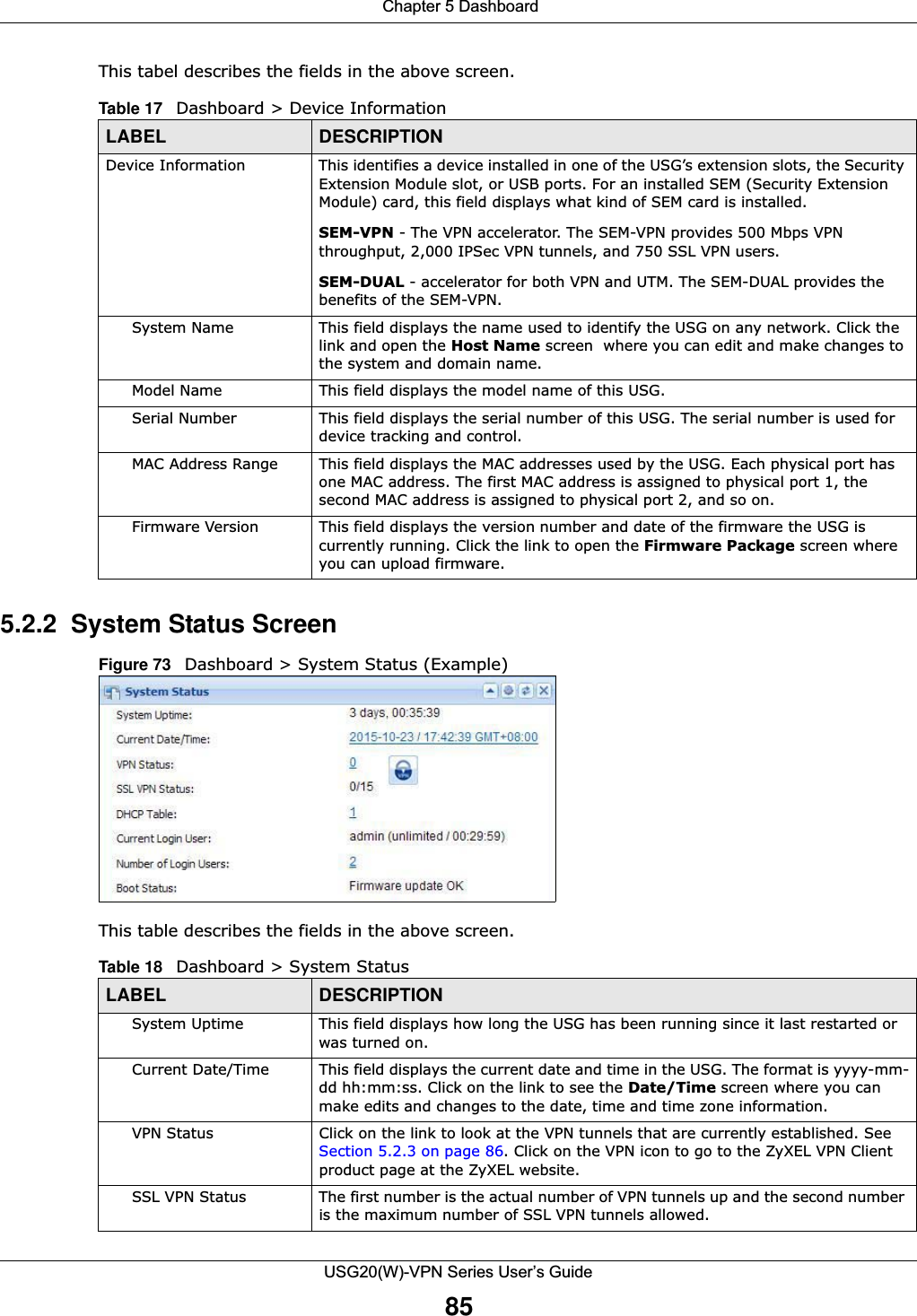  Chapter 5 DashboardUSG20(W)-VPN Series User’s Guide85This tabel describes the fields in the above screen. 5.2.2  System Status ScreenFigure 73   Dashboard &gt; System Status (Example) This table describes the fields in the above screen.Table 17   Dashboard &gt; Device InformationLABEL DESCRIPTIONDevice Information This identifies a device installed in one of the USG’s extension slots, the Security Extension Module slot, or USB ports. For an installed SEM (Security Extension Module) card, this field displays what kind of SEM card is installed. SEM-VPN - The VPN accelerator. The SEM-VPN provides 500 Mbps VPN throughput, 2,000 IPSec VPN tunnels, and 750 SSL VPN users.SEM-DUAL - accelerator for both VPN and UTM. The SEM-DUAL provides the benefits of the SEM-VPN.System Name This field displays the name used to identify the USG on any network. Click the link and open the Host Name screen  where you can edit and make changes to the system and domain name.Model Name This field displays the model name of this USG.Serial Number This field displays the serial number of this USG. The serial number is used for device tracking and control.MAC Address Range This field displays the MAC addresses used by the USG. Each physical port has one MAC address. The first MAC address is assigned to physical port 1, the second MAC address is assigned to physical port 2, and so on.Firmware Version This field displays the version number and date of the firmware the USG is currently running. Click the link to open the Firmware Package screen where you can upload firmware. Table 18   Dashboard &gt; System StatusLABEL DESCRIPTIONSystem Uptime This field displays how long the USG has been running since it last restarted or was turned on.Current Date/Time This field displays the current date and time in the USG. The format is yyyy-mm-dd hh:mm:ss. Click on the link to see the Date/Time screen where you can make edits and changes to the date, time and time zone information.VPN Status Click on the link to look at the VPN tunnels that are currently established. See Section 5.2.3 on page 86. Click on the VPN icon to go to the ZyXEL VPN Client product page at the ZyXEL website.SSL VPN Status The first number is the actual number of VPN tunnels up and the second number is the maximum number of SSL VPN tunnels allowed.
