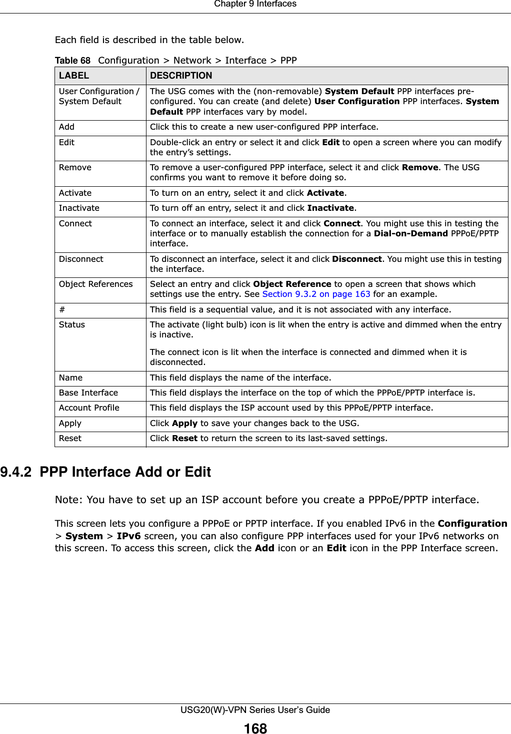 Chapter 9 InterfacesUSG20(W)-VPN Series User’s Guide168Each field is described in the table below.9.4.2  PPP Interface Add or Edit Note: You have to set up an ISP account before you create a PPPoE/PPTP interface.This screen lets you configure a PPPoE or PPTP interface. If you enabled IPv6 in the Configuration &gt; System &gt; IPv6 screen, you can also configure PPP interfaces used for your IPv6 networks on this screen. To access this screen, click the Add icon or an Edit icon in the PPP Interface screen.Table 68   Configuration &gt; Network &gt; Interface &gt; PPPLABEL DESCRIPTIONUser Configuration / System DefaultThe USG comes with the (non-removable) System Default PPP interfaces pre-configured. You can create (and delete) User Configuration PPP interfaces. System Default PPP interfaces vary by model.Add Click this to create a new user-configured PPP interface.Edit Double-click an entry or select it and click Edit to open a screen where you can modify the entry’s settings. Remove To remove a user-configured PPP interface, select it and click Remove. The USG confirms you want to remove it before doing so.Activate To turn on an entry, select it and click Activate.Inactivate To turn off an entry, select it and click Inactivate.Connect To connect an interface, select it and click Connect. You might use this in testing the interface or to manually establish the connection for a Dial-on-Demand PPPoE/PPTP interface.Disconnect To disconnect an interface, select it and click Disconnect. You might use this in testing the interface.Object References Select an entry and click Object Reference to open a screen that shows which settings use the entry. See Section 9.3.2 on page 163 for an example.#This field is a sequential value, and it is not associated with any interface.Status The activate (light bulb) icon is lit when the entry is active and dimmed when the entry is inactive.The connect icon is lit when the interface is connected and dimmed when it is disconnected.Name This field displays the name of the interface.Base Interface This field displays the interface on the top of which the PPPoE/PPTP interface is.Account Profile This field displays the ISP account used by this PPPoE/PPTP interface.Apply Click Apply to save your changes back to the USG.Reset Click Reset to return the screen to its last-saved settings. 