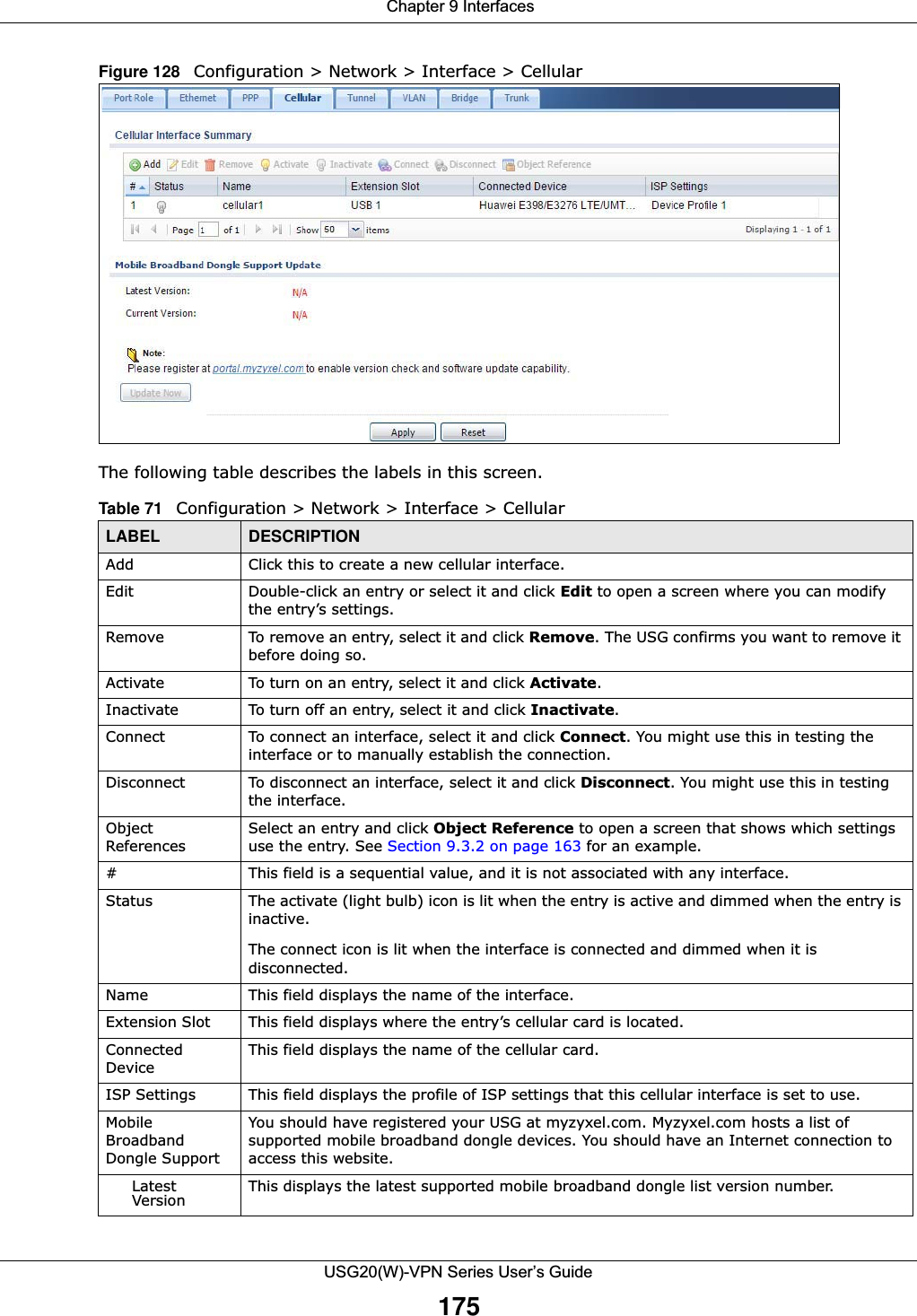  Chapter 9 InterfacesUSG20(W)-VPN Series User’s Guide175Figure 128   Configuration &gt; Network &gt; Interface &gt; Cellular   The following table describes the labels in this screen.Table 71   Configuration &gt; Network &gt; Interface &gt; CellularLABEL DESCRIPTIONAdd Click this to create a new cellular interface.Edit Double-click an entry or select it and click Edit to open a screen where you can modify the entry’s settings. Remove To remove an entry, select it and click Remove. The USG confirms you want to remove it before doing so.Activate To turn on an entry, select it and click Activate.Inactivate To turn off an entry, select it and click Inactivate.Connect To connect an interface, select it and click Connect. You might use this in testing the interface or to manually establish the connection.Disconnect To disconnect an interface, select it and click Disconnect. You might use this in testing the interface.Object ReferencesSelect an entry and click Object Reference to open a screen that shows which settings use the entry. See Section 9.3.2 on page 163 for an example.# This field is a sequential value, and it is not associated with any interface.Status The activate (light bulb) icon is lit when the entry is active and dimmed when the entry is inactive.The connect icon is lit when the interface is connected and dimmed when it is disconnected.Name This field displays the name of the interface.Extension Slot This field displays where the entry’s cellular card is located.Connected DeviceThis field displays the name of the cellular card.ISP Settings This field displays the profile of ISP settings that this cellular interface is set to use.Mobile Broadband Dongle SupportYou should have registered your USG at myzyxel.com. Myzyxel.com hosts a list of supported mobile broadband dongle devices. You should have an Internet connection to access this website.Latest Version This displays the latest supported mobile broadband dongle list version number.