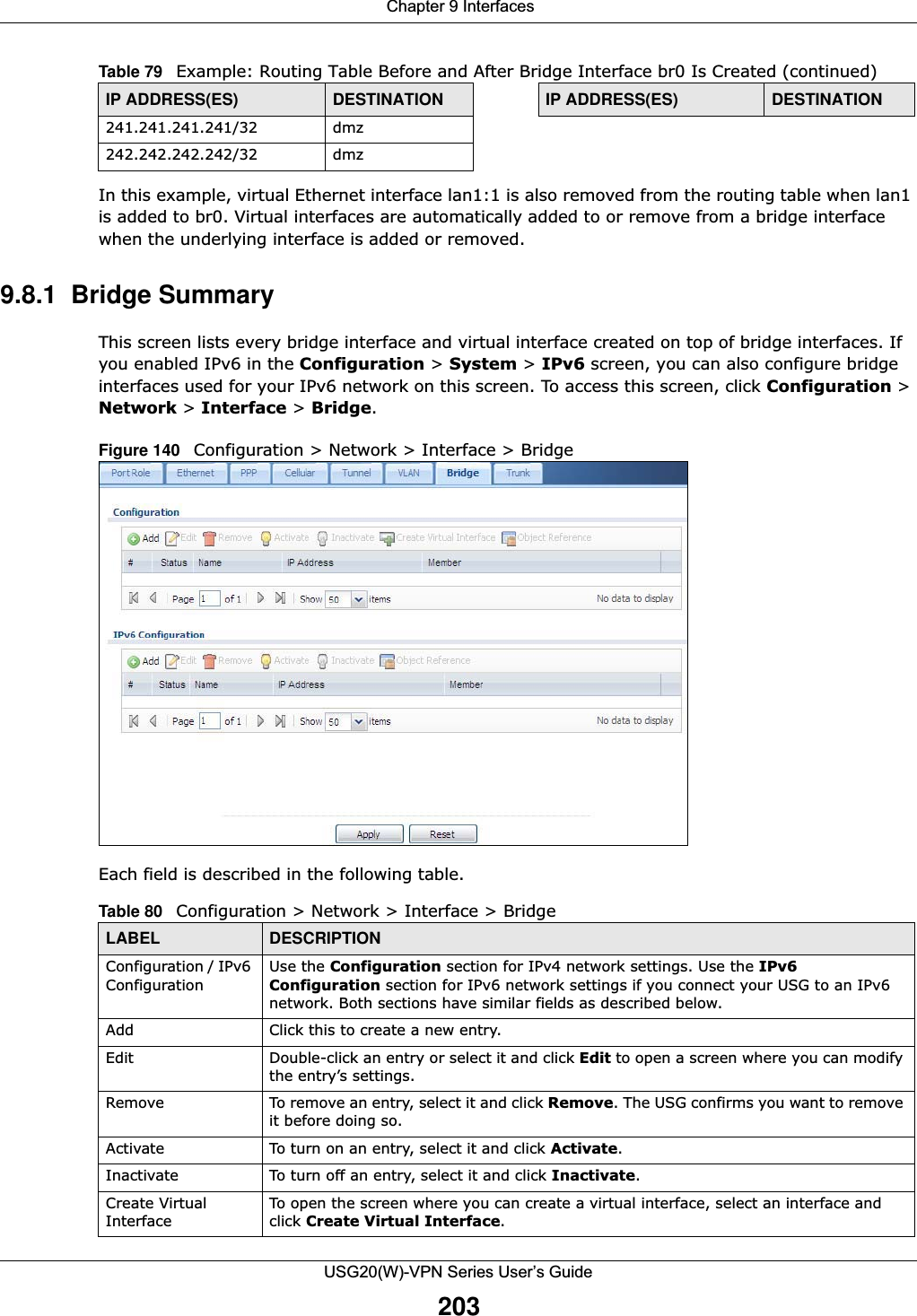  Chapter 9 InterfacesUSG20(W)-VPN Series User’s Guide203In this example, virtual Ethernet interface lan1:1 is also removed from the routing table when lan1 is added to br0. Virtual interfaces are automatically added to or remove from a bridge interface when the underlying interface is added or removed.9.8.1  Bridge SummaryThis screen lists every bridge interface and virtual interface created on top of bridge interfaces. If you enabled IPv6 in the Configuration &gt; System &gt; IPv6 screen, you can also configure bridge interfaces used for your IPv6 network on this screen. To access this screen, click Configuration &gt; Network &gt; Interface &gt; Bridge.Figure 140   Configuration &gt; Network &gt; Interface &gt; Bridge   Each field is described in the following table. 241.241.241.241/32 dmz242.242.242.242/32 dmzTable 79   Example: Routing Table Before and After Bridge Interface br0 Is Created (continued)IP ADDRESS(ES) DESTINATION IP ADDRESS(ES) DESTINATIONTable 80   Configuration &gt; Network &gt; Interface &gt; BridgeLABEL DESCRIPTIONConfiguration / IPv6 ConfigurationUse the Configuration section for IPv4 network settings. Use the IPv6 Configuration section for IPv6 network settings if you connect your USG to an IPv6 network. Both sections have similar fields as described below.Add Click this to create a new entry.Edit Double-click an entry or select it and click Edit to open a screen where you can modify the entry’s settings. Remove To remove an entry, select it and click Remove. The USG confirms you want to remove it before doing so.Activate To turn on an entry, select it and click Activate.Inactivate To turn off an entry, select it and click Inactivate.Create Virtual InterfaceTo open the screen where you can create a virtual interface, select an interface and click Create Virtual Interface.
