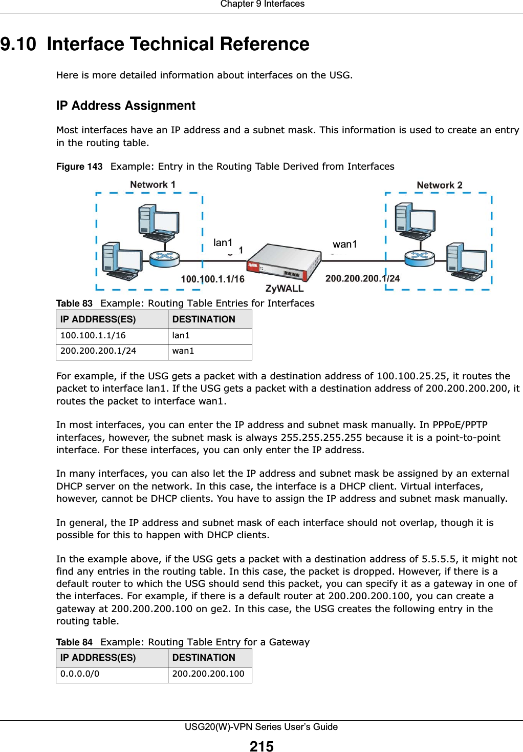  Chapter 9 InterfacesUSG20(W)-VPN Series User’s Guide2159.10  Interface Technical ReferenceHere is more detailed information about interfaces on the USG.IP Address AssignmentMost interfaces have an IP address and a subnet mask. This information is used to create an entry in the routing table.Figure 143   Example: Entry in the Routing Table Derived from InterfacesFor example, if the USG gets a packet with a destination address of 100.100.25.25, it routes the packet to interface lan1. If the USG gets a packet with a destination address of 200.200.200.200, it routes the packet to interface wan1.In most interfaces, you can enter the IP address and subnet mask manually. In PPPoE/PPTP interfaces, however, the subnet mask is always 255.255.255.255 because it is a point-to-point interface. For these interfaces, you can only enter the IP address.In many interfaces, you can also let the IP address and subnet mask be assigned by an external DHCP server on the network. In this case, the interface is a DHCP client. Virtual interfaces, however, cannot be DHCP clients. You have to assign the IP address and subnet mask manually.In general, the IP address and subnet mask of each interface should not overlap, though it is possible for this to happen with DHCP clients.In the example above, if the USG gets a packet with a destination address of 5.5.5.5, it might not find any entries in the routing table. In this case, the packet is dropped. However, if there is a default router to which the USG should send this packet, you can specify it as a gateway in one of the interfaces. For example, if there is a default router at 200.200.200.100, you can create a gateway at 200.200.200.100 on ge2. In this case, the USG creates the following entry in the routing table.Table 83   Example: Routing Table Entries for InterfacesIP ADDRESS(ES) DESTINATION100.100.1.1/16 lan1200.200.200.1/24 wan1Table 84   Example: Routing Table Entry for a GatewayIP ADDRESS(ES) DESTINATION0.0.0.0/0 200.200.200.100lan1 wan1