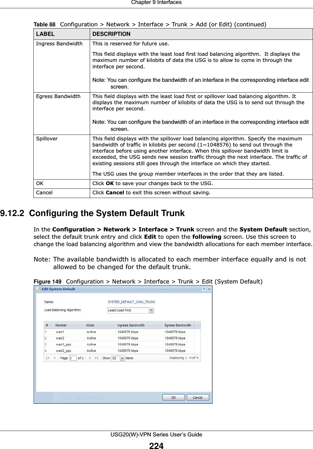 Chapter 9 InterfacesUSG20(W)-VPN Series User’s Guide2249.12.2  Configuring the System Default Trunk In the Configuration &gt; Network &gt; Interface &gt; Trunk screen and the System Default section, select the default trunk entry and click Edit to open the following screen. Use this screen to change the load balancing algorithm and view the bandwidth allocations for each member interface.Note: The available bandwidth is allocated to each member interface equally and is not allowed to be changed for the default trunk. Figure 149   Configuration &gt; Network &gt; Interface &gt; Trunk &gt; Edit (System Default)    Ingress Bandwidth This is reserved for future use.This field displays with the least load first load balancing algorithm.  It displays the maximum number of kilobits of data the USG is to allow to come in through the interface per second. Note: You can configure the bandwidth of an interface in the corresponding interface edit screen.Egress Bandwidth This field displays with the least load first or spillover load balancing algorithm. It displays the maximum number of kilobits of data the USG is to send out through the interface per second.Note: You can configure the bandwidth of an interface in the corresponding interface edit screen.Spillover This field displays with the spillover load balancing algorithm. Specify the maximum bandwidth of traffic in kilobits per second (1~1048576) to send out through the interface before using another interface. When this spillover bandwidth limit is exceeded, the USG sends new session traffic through the next interface. The traffic of existing sessions still goes through the interface on which they started.The USG uses the group member interfaces in the order that they are listed. OK Click OK to save your changes back to the USG.Cancel Click Cancel to exit this screen without saving.Table 88   Configuration &gt; Network &gt; Interface &gt; Trunk &gt; Add (or Edit) (continued)LABEL DESCRIPTION